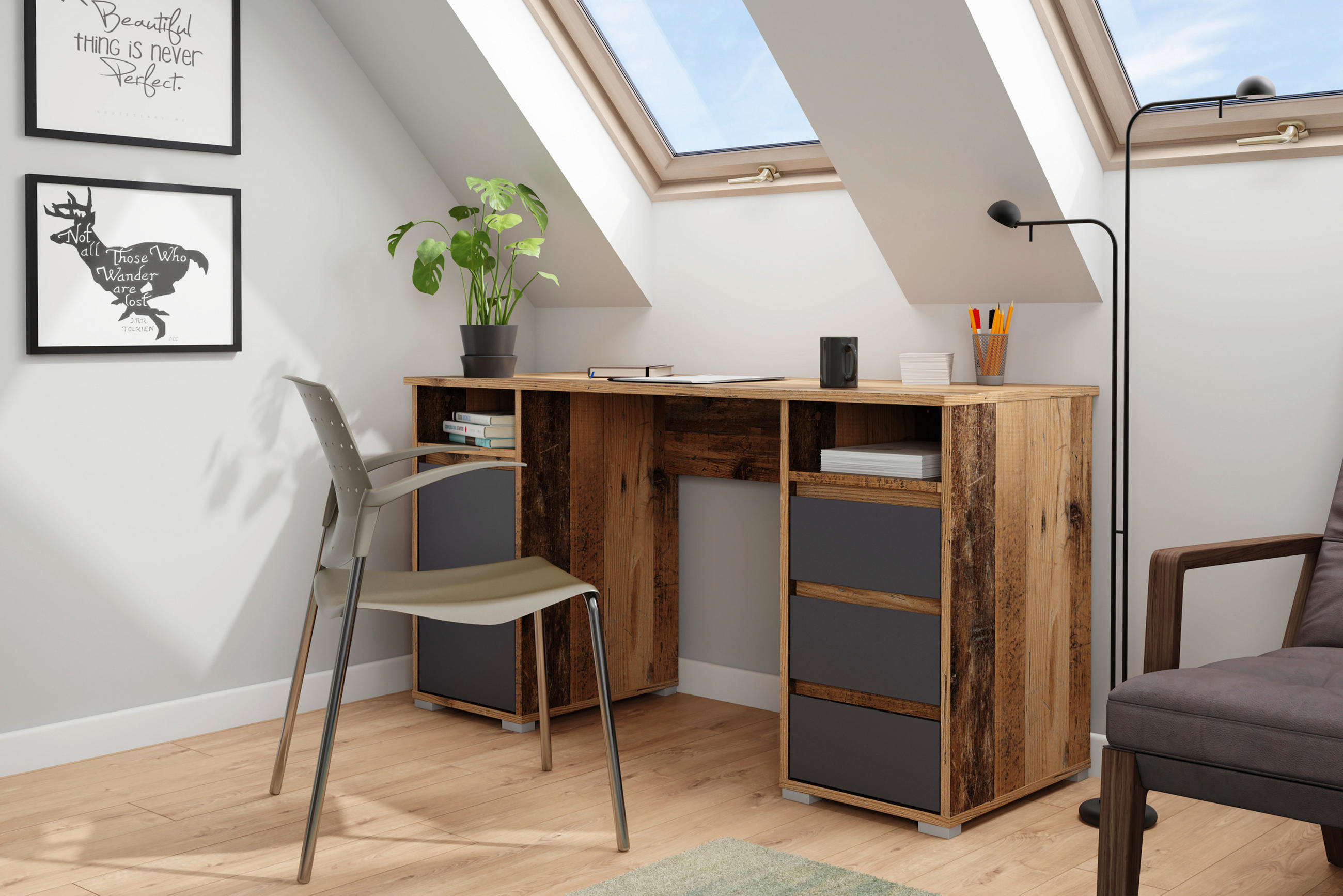 SCHREIBTISCH 138/55/75 cm  in Anthrazit, Alteiche  - Alteiche/Anthrazit, KONVENTIONELL, Holzwerkstoff (138/55/75cm) - MID.YOU