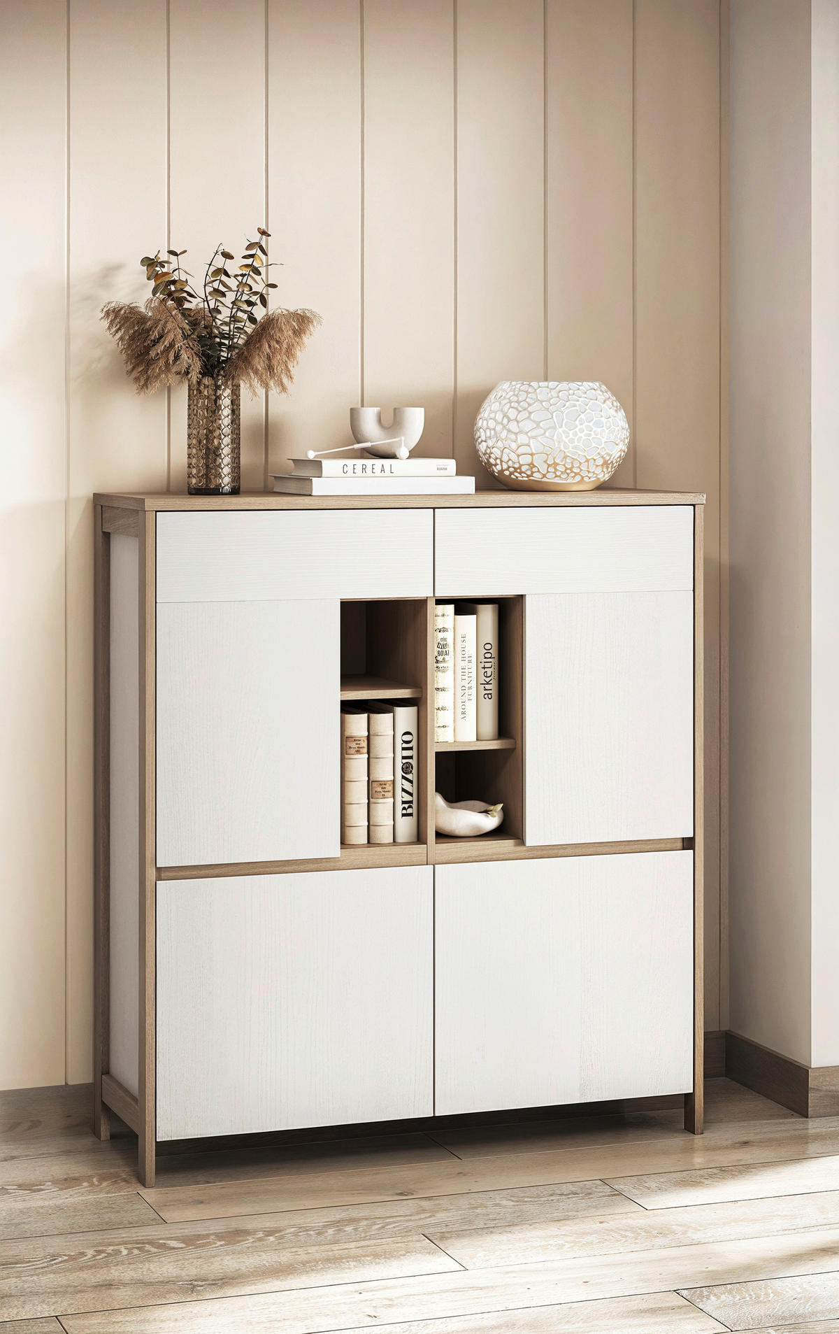 HIGHBOARD , 111/125/39 cm,  - Eichefarben/Weiß, Design, Holzwerkstoff (111/125/39cm) - MID.YOU