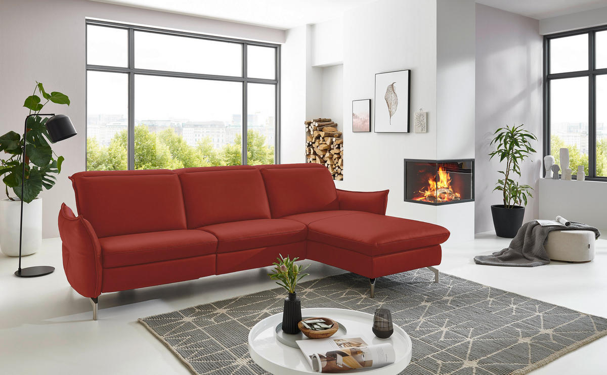 ECKSOFA in Lederlook (vegan) Rot  - Rot/Nickelfarben, Modern, Textil/Metall (233/179cm) - Livetastic