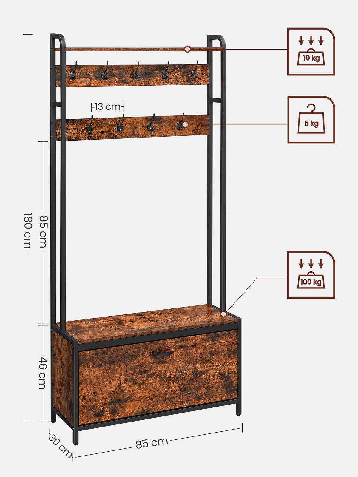 GARDEROBE  in 85/30/180 cm  - Schwarz/Braun, Trend, Holzwerkstoff/Metall (85/30/180cm) - MID.YOU
