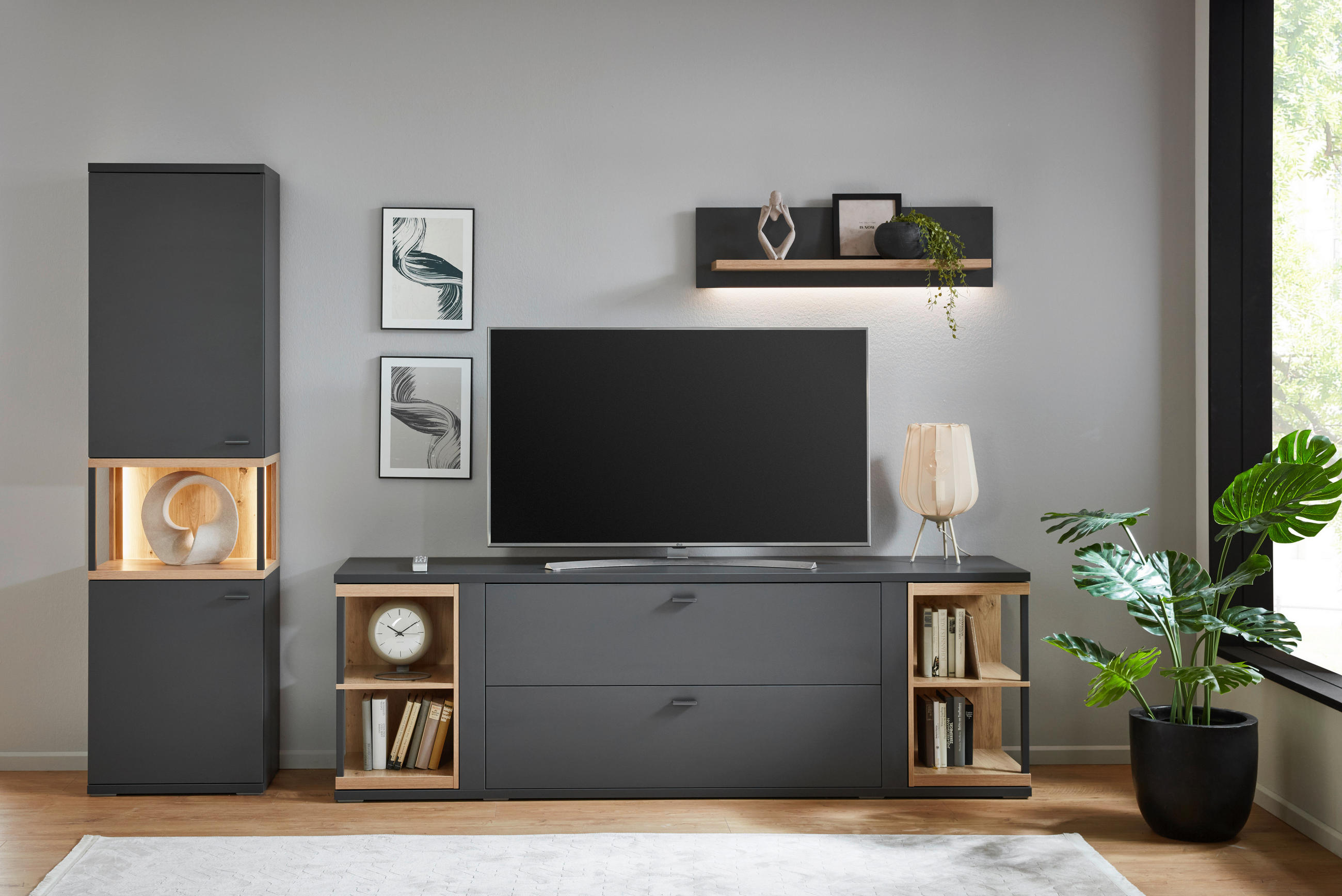 TV-ELEMENT Grau, Eiche Artisan 217/70,6/48,4 cm - Schwarz/Eiche Artisan, Konventionell, Holzwerkstoff/Metall (217/70,6/48,4cm) - Hom`in