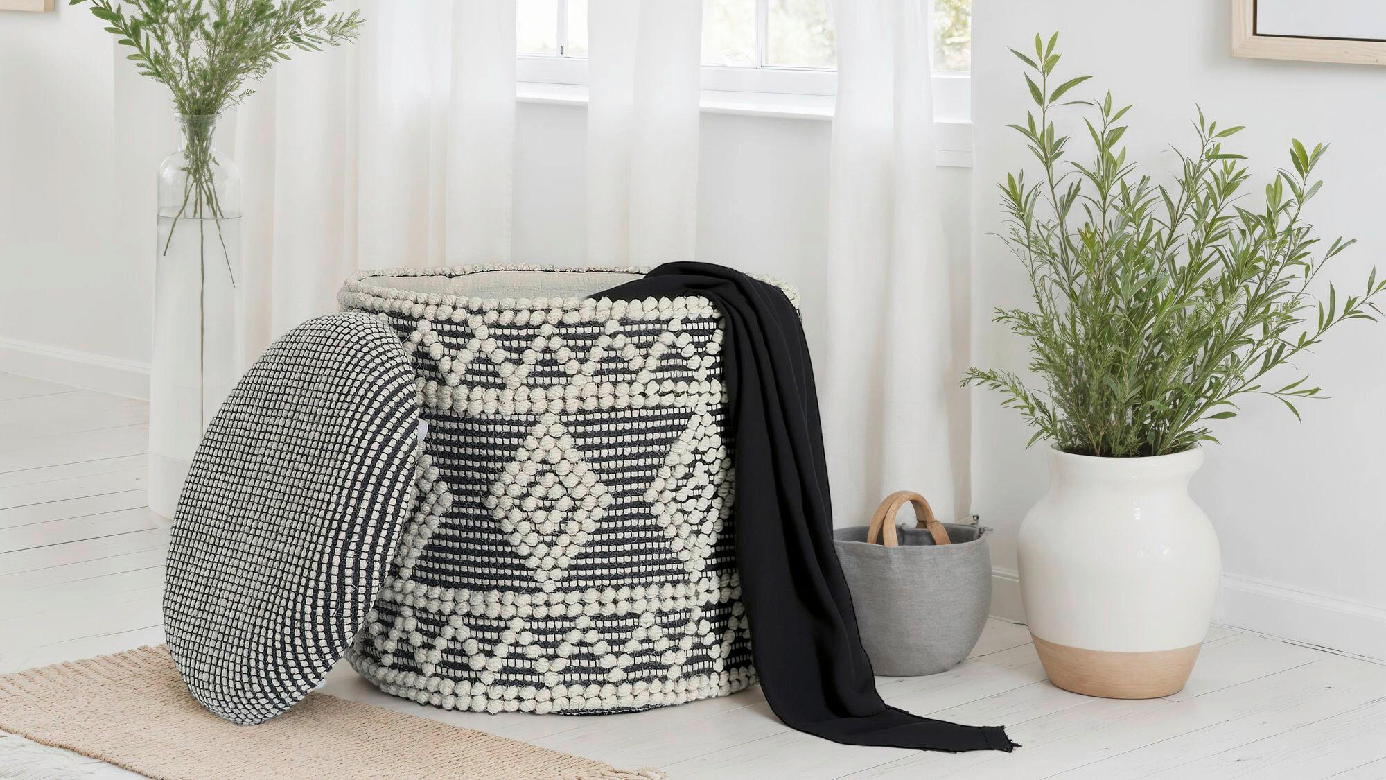 HOCKER Creme, Schwarz  - Creme/Schwarz, Design, Textil (40/45/40cm) - MID.YOU