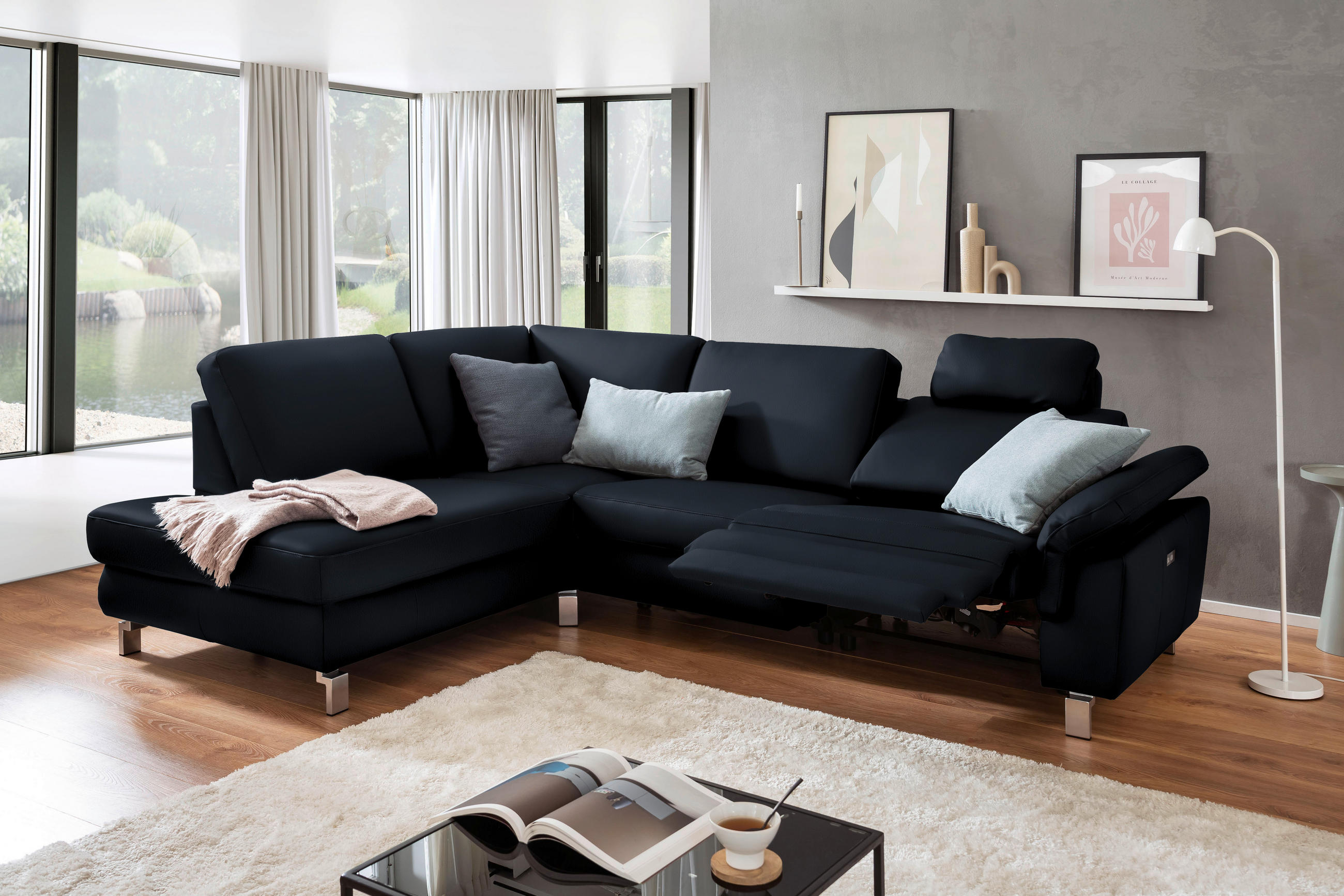 ECKSOFA in Echtleder Dunkelblau  - Chromfarben/Dunkelblau, Design, Leder/Metall (200/271cm) - Pure Home Lifestyle