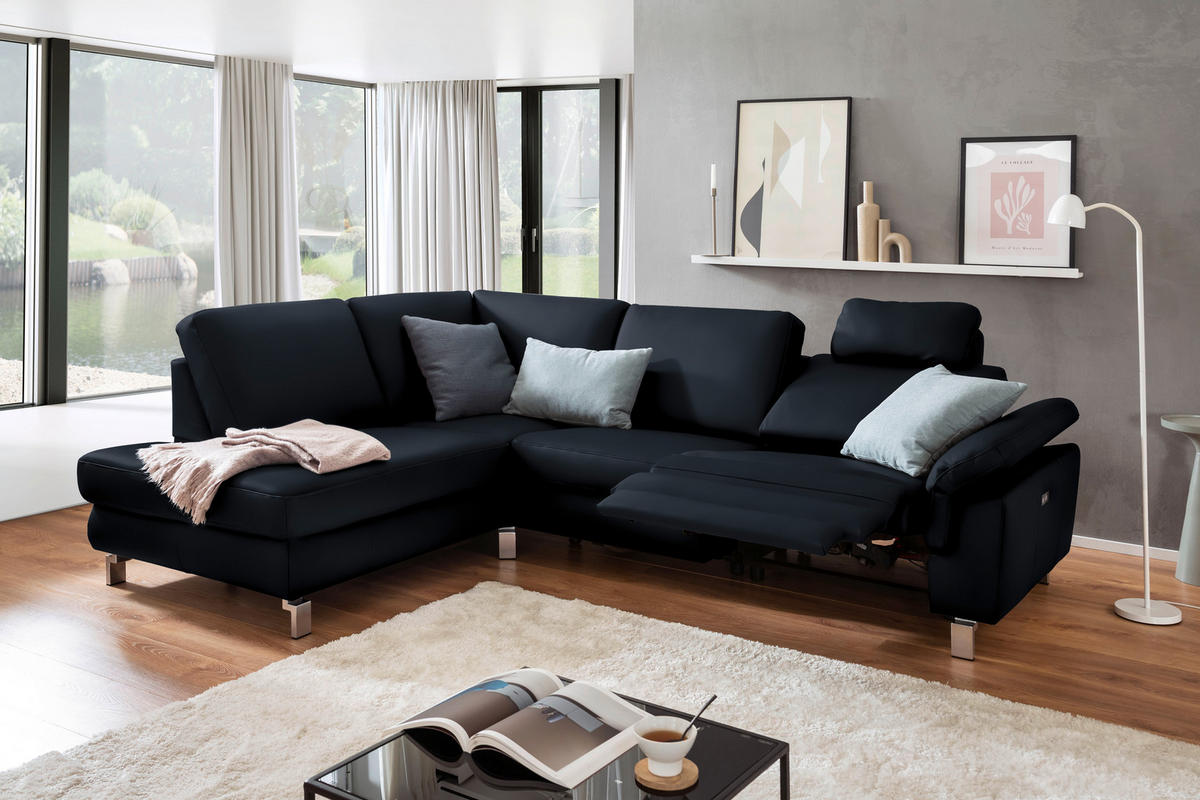 ECKSOFA in Echtleder Dunkelblau  - Chromfarben/Dunkelblau, Design, Leder/Metall (200/271cm) - Pure Home Lifestyle