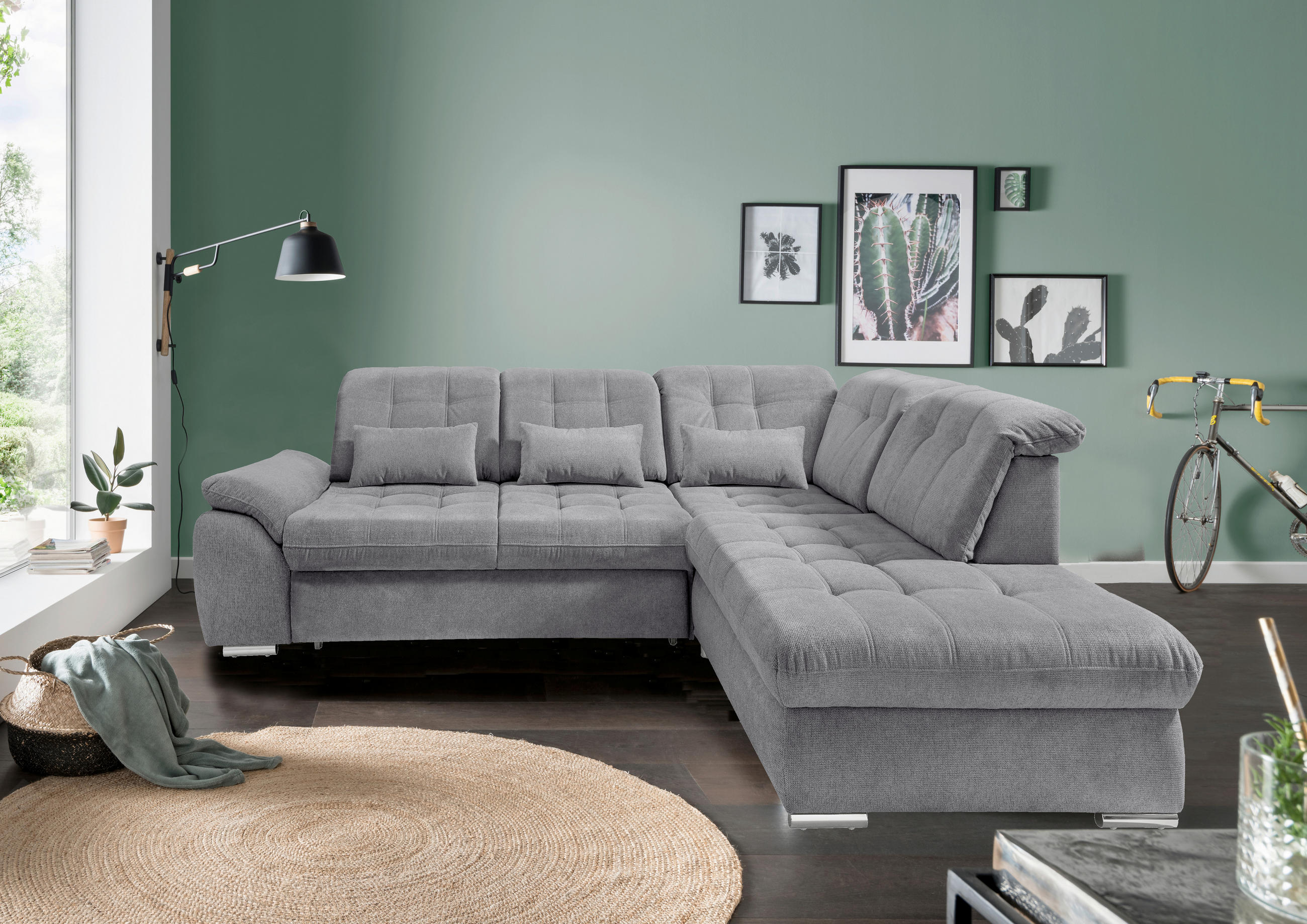 ECKSOFA RIGATTI Dunkelgrau Flachgewebe Kopfteilverstellung, Stauraum, Sitztiefenverstellung  - Chromfarben/Dunkelgrau, MODERN, Textil/Metall (308/254cm) - Livetastic