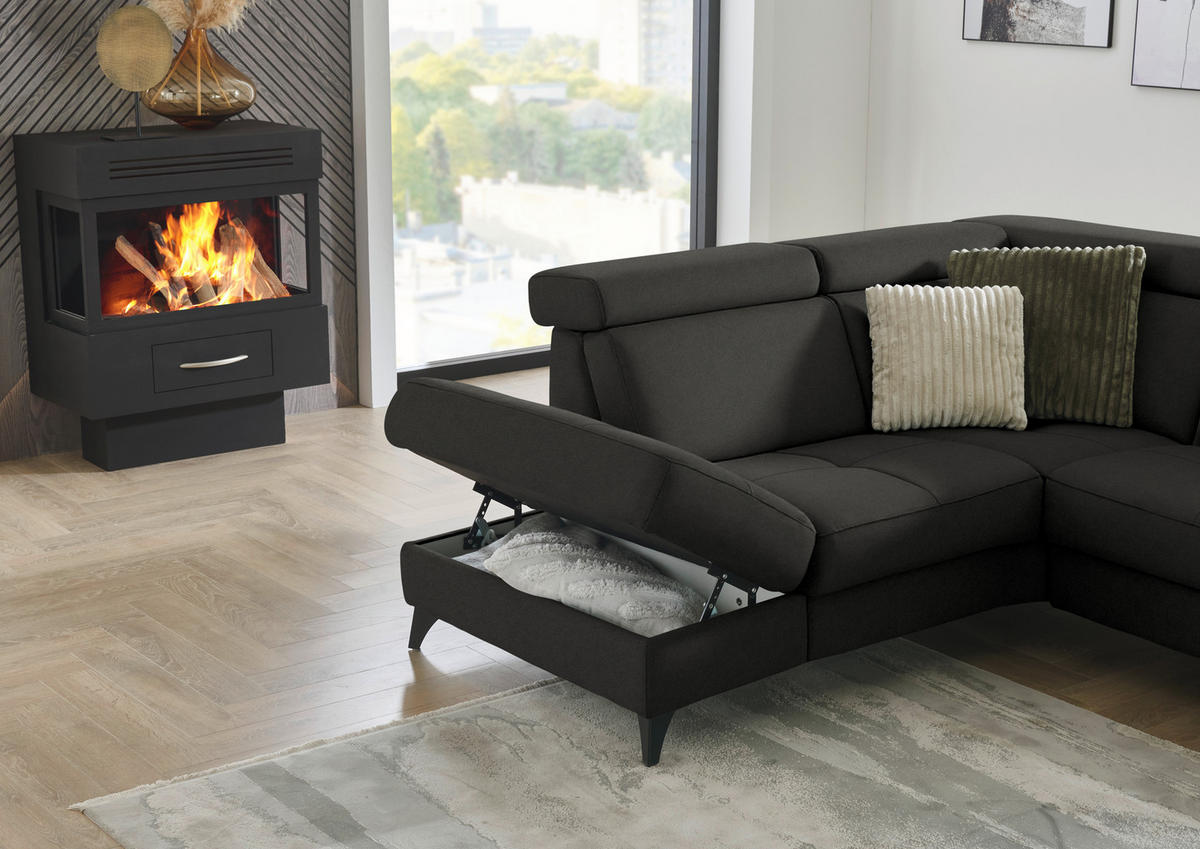 ECKSOFA Flachgewebe Schwarz  - Schwarz, Konventionell, Textil/Metall (214/276cm) - Beldomo System