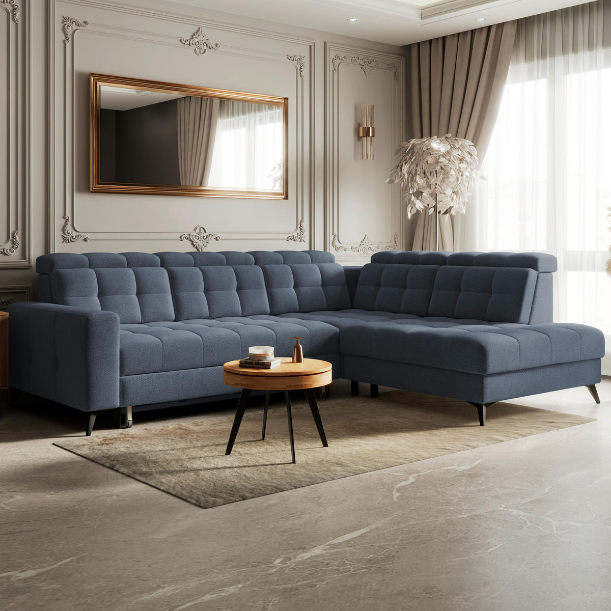 ECKSOFA BARLETTA NEW Blau Velours Bettkasten, Kopfteilverstellung, Sitztiefenverstellung, Liegefläche im Originalstoff  - Blau/Schwarz, ROMANTIK / LANDHAUS, Textil/Metall (289/228cm) - MID.YOU