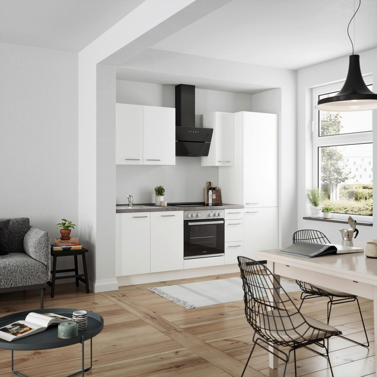BUCĂTĂRIE FĂRĂ ELECTROCASNICE  - alb/culoare inox, Modern, metal/material pe bază de lemn (240cm) - Nobilia