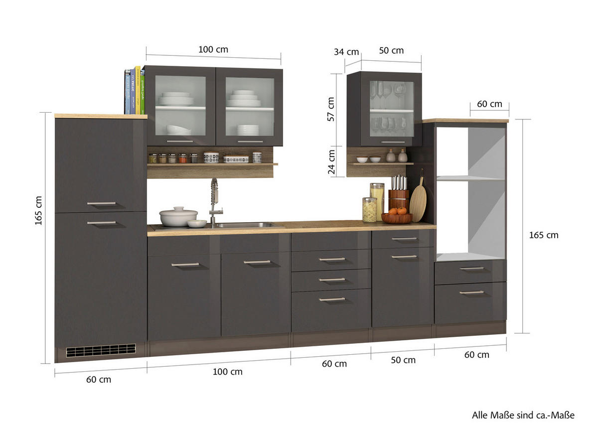KÜCHENLEERBLOCK 330 cm   in Graphitfarben  - Silberfarben/Graphitfarben, MODERN, Glas/Holzwerkstoff (330cm) - Held