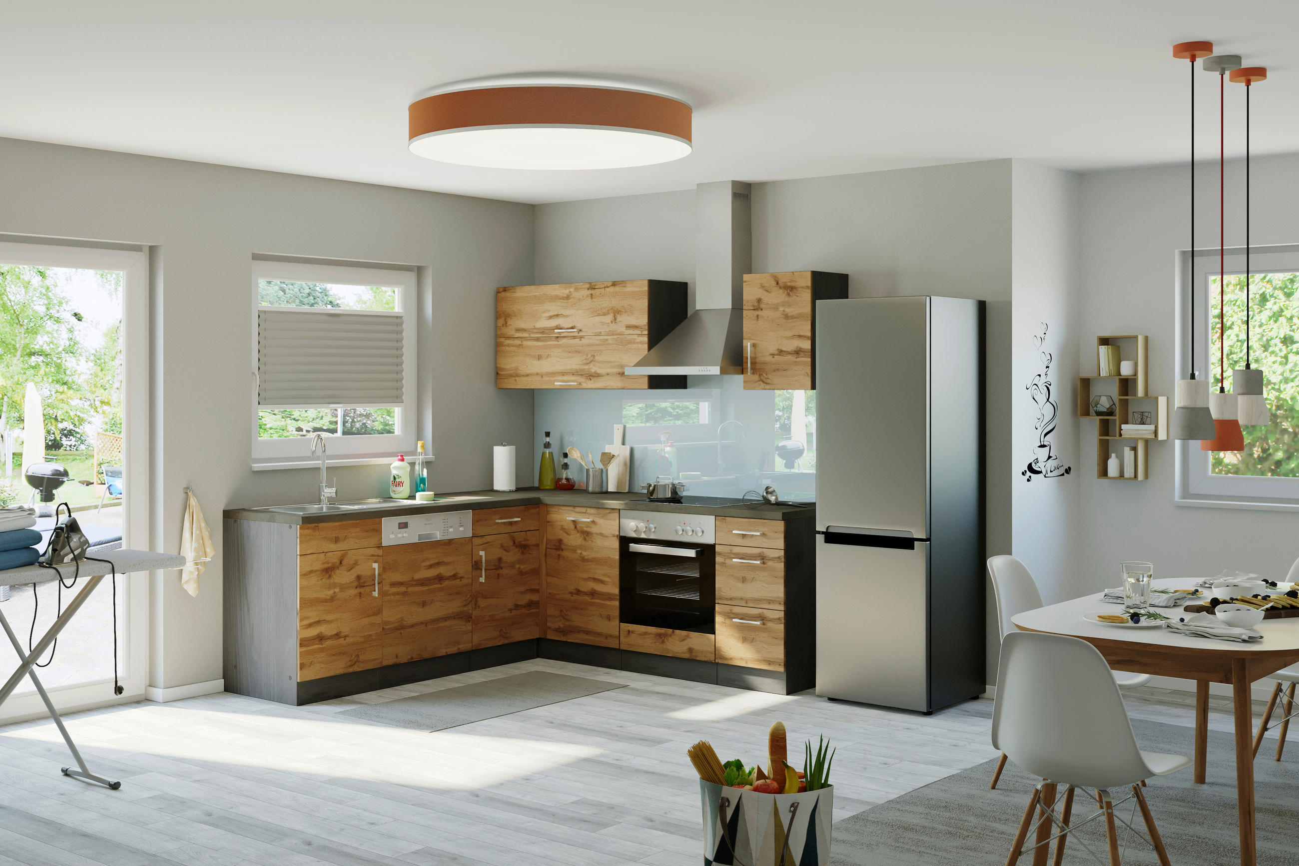 ECKKÜCHE 210/210 cm  in Graphitfarben, Schieferfarben, Eiche Wotan  - Chromfarben/Schieferfarben, MODERN, Holzwerkstoff/Metall (210/210cm) - Held