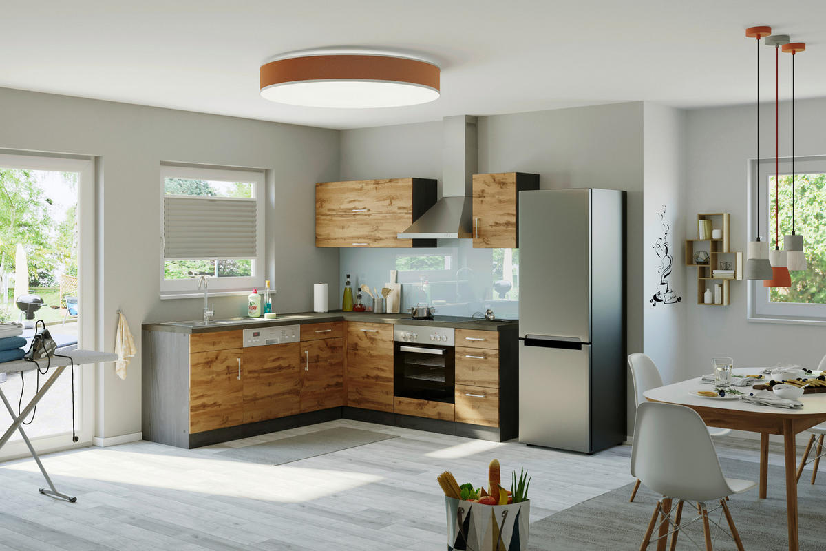 ECKKÜCHE 210/210 cm  in Graphitfarben, Schieferfarben, Eiche Wotan  - Chromfarben/Schieferfarben, MODERN, Holzwerkstoff/Metall (210/210cm) - Held