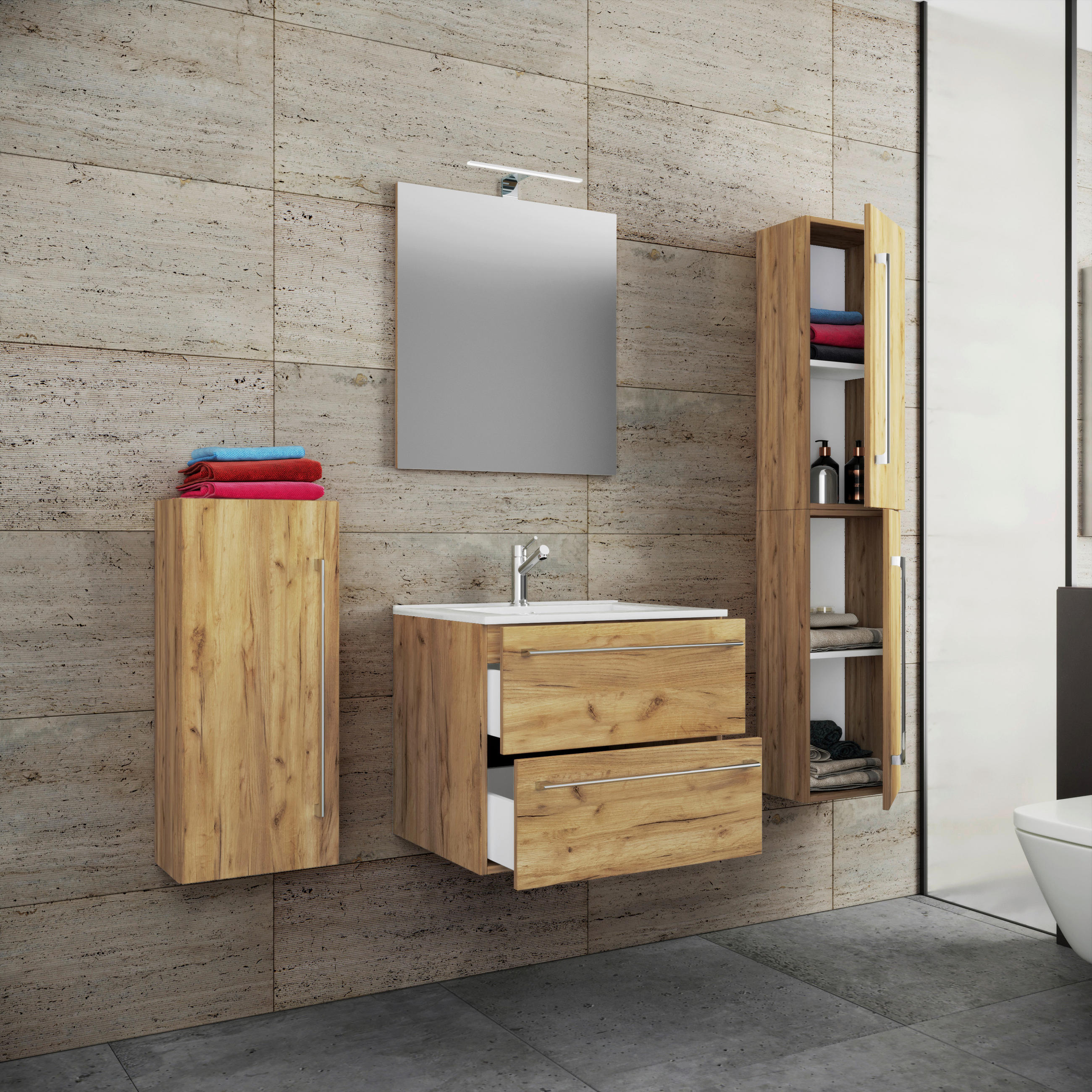 BADEZIMMER 5-teilig  in 126 cm  - Honigeiche/Alufarben, MODERN, Keramik/Holzwerkstoff (126cm) - MID.YOU