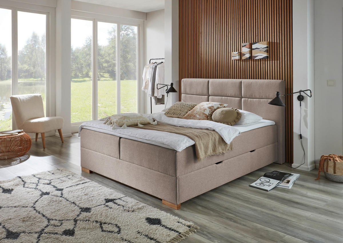 BOXSPRINGBETT 180/200 cm  in Taupe  - Taupe/Eichefarben, Basics, Holz/Textil (180/200cm) - home24