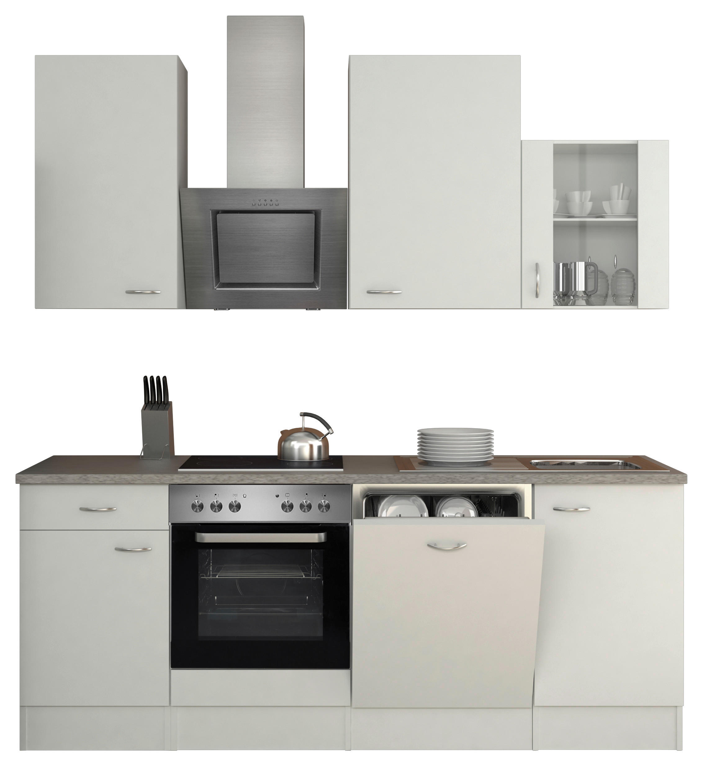 KÜCHENBLOCK 220 cm Grau, Weiß E-Geräte, Spüle - Weiß/Grau, MODERN (220cm) - MID.YOU