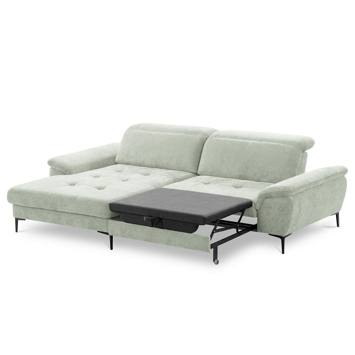 ECKSOFA PRADO Mintgrün Webstoff Bettkasten, Kopfteilverstellung, Sitztiefenverstellung  - Schwarz/Mintgrün, Design, Textil/Metall (195/268cm) - Livetastic