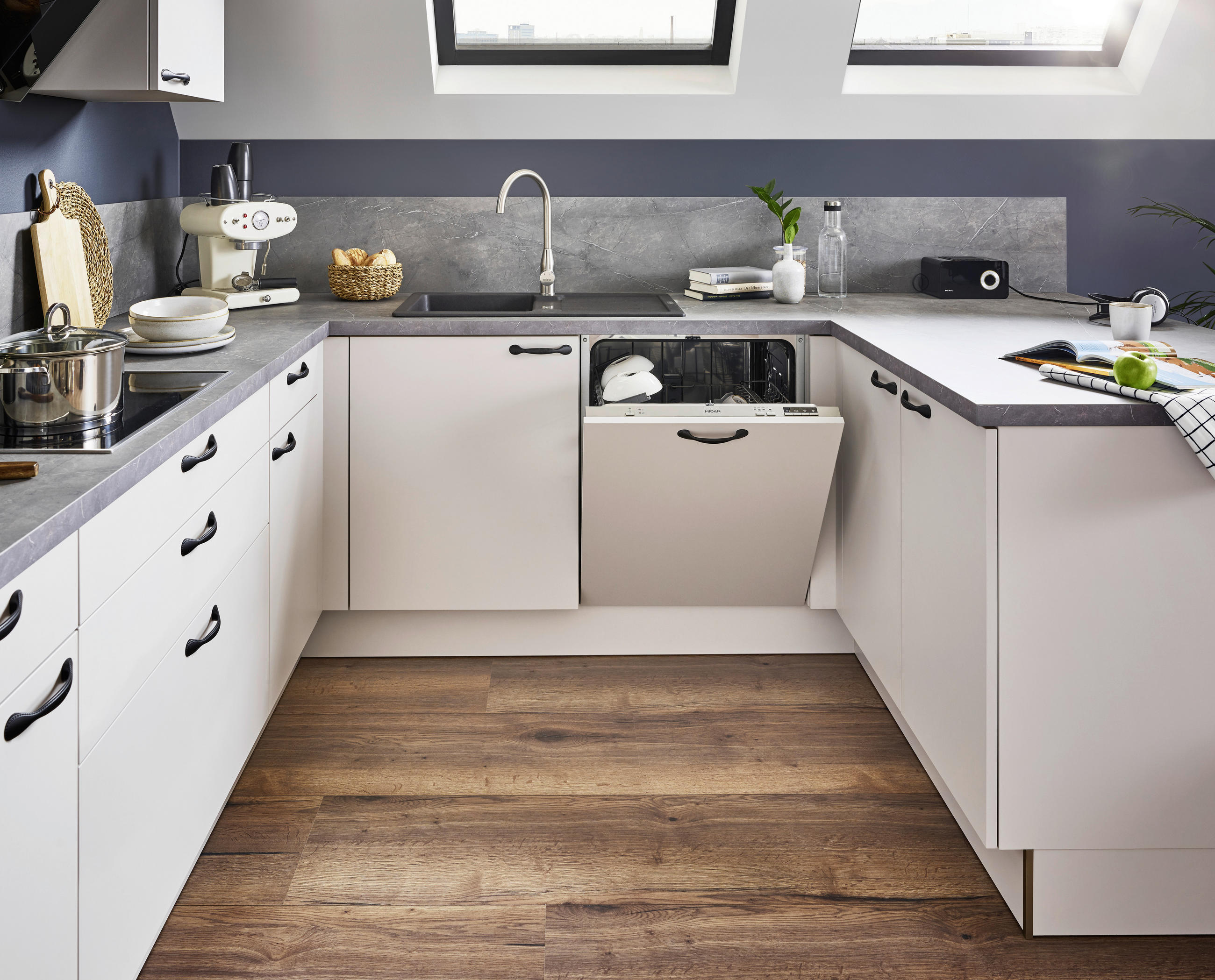 EINBAUKÜCHE UNO  - Creme/Schwarz, Design, Holzwerkstoff/Metall - Moderano