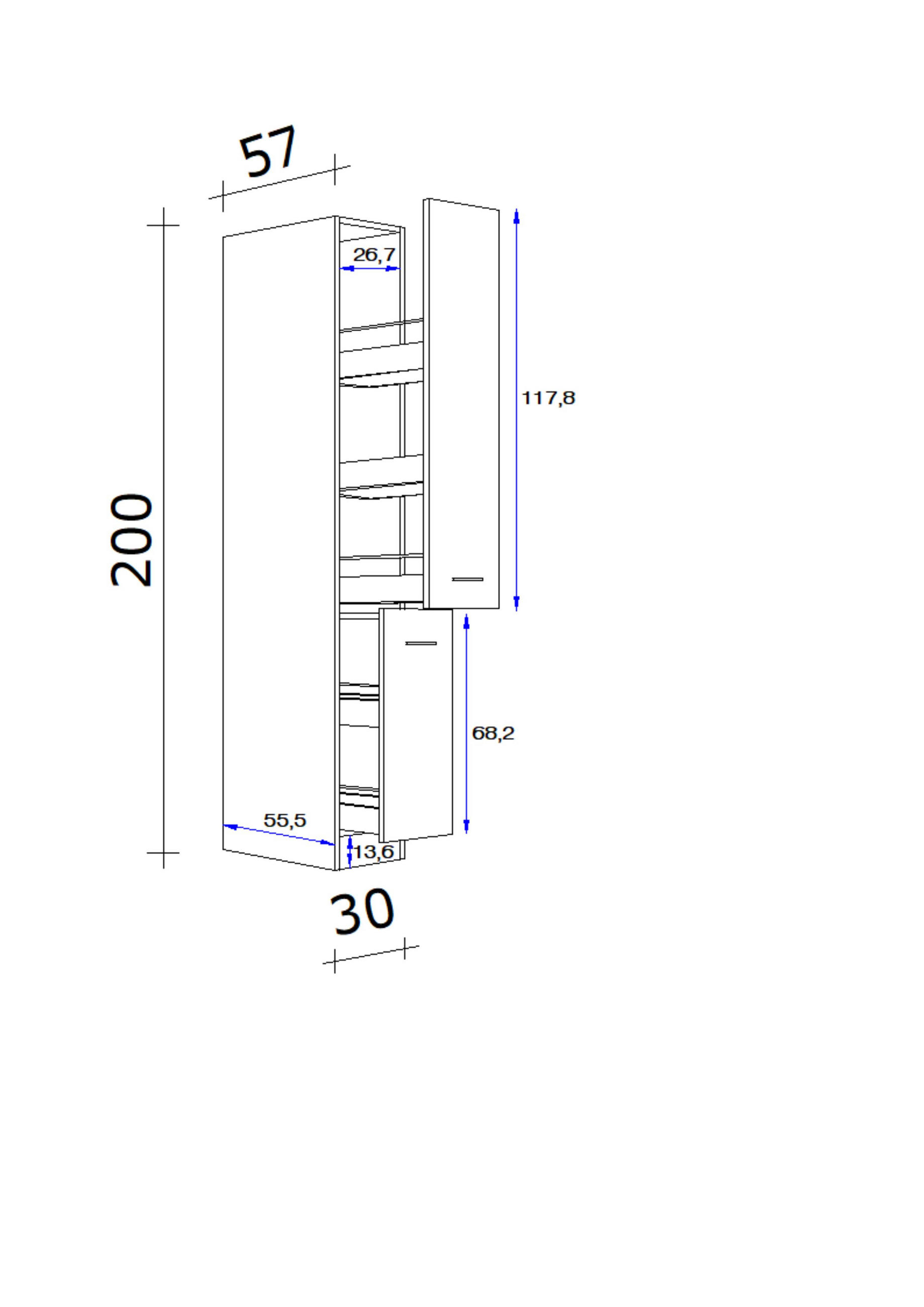 APOTHEKERSCHRANK 30/200/57 cm in Weiß - Alufarben/Weiß, KONVENTIONELL, Holzwerkstoff/Kunststoff (30/200/57cm) - FlexWell