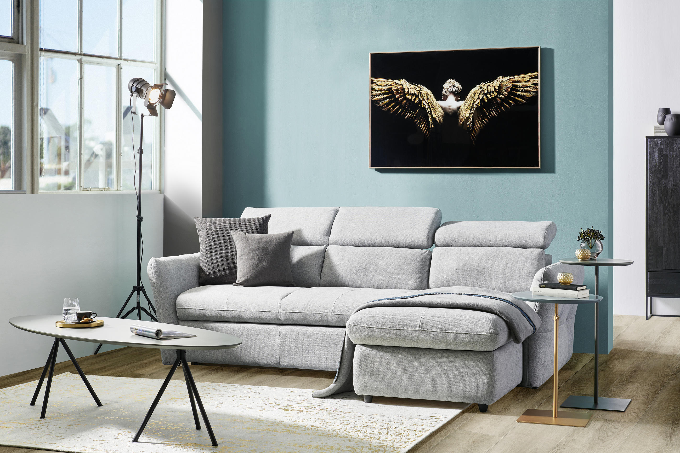 ECKSOFA Hellgrau Mikrofaser  - Hellgrau/Schwarz, Design, Kunststoff/Textil (240/172cm) - Stylife