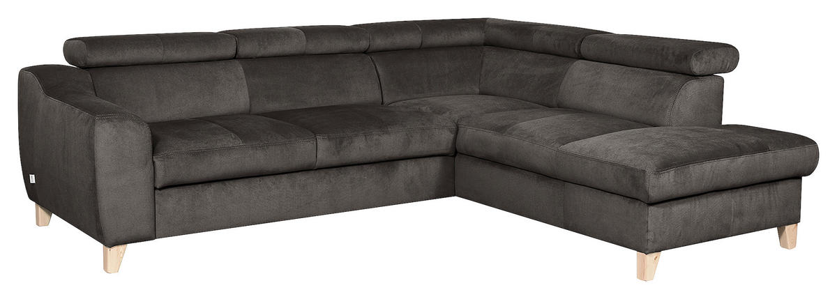 ECKSOFA Dunkelgrau Webstoff Rücken echt, Kopfteilverstellung  - Dunkelgrau/Buchefarben, Design, Holz/Textil (245/208cm) - Livetastic