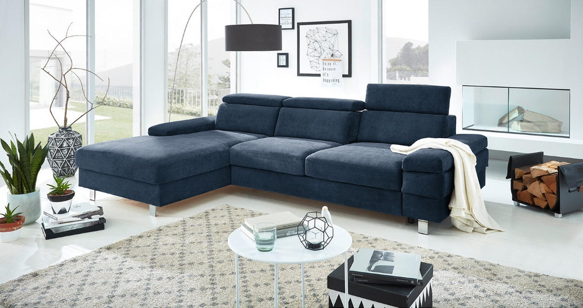 ECKSOFA in Webstoff Dunkelblau  - Silberfarben/Dunkelblau, Konventionell, Textil/Metall (260/82/182cm) - Trendmanufaktur