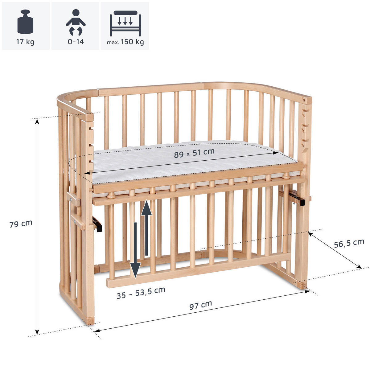 BEISTELLBETT Maxi Comfort Plus   - Buchefarben, Basics, Holz (56,5/79/96cm) - Babybay
