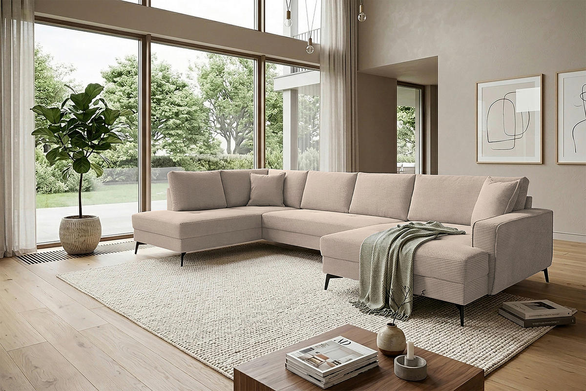 WOHNLANDSCHAFT ZERO Hellbraun Cord  - Hellbraun/Schwarz, Trend, Textil/Metall (195/362/173cm) - Livetastic