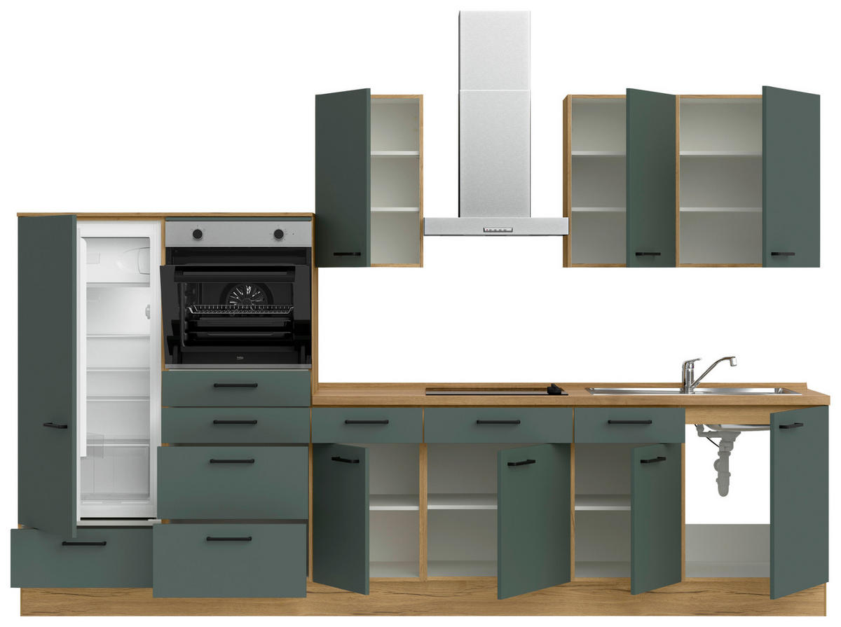 KÜCHENBLOCK Easytouch 330 cm  in Eichefarben, Dunkelgrün  - Dunkelgrün/Eichefarben, MODERN, Holzwerkstoff/Metall (330cm) - Nobilia