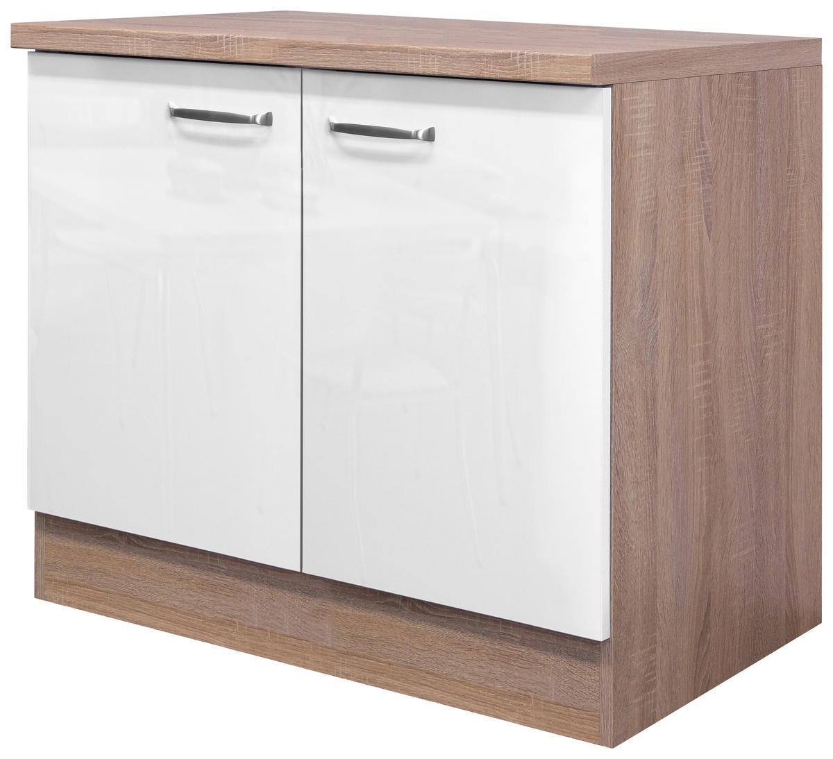 SPÜLENUNTERSCHRANK 100/86/60 cm  in Sonoma Eiche, Weiß Hochglanz  - Edelstahlfarben/Weiß Hochglanz, MODERN, Holzwerkstoff/Metall (100/86/60cm) - FlexWell