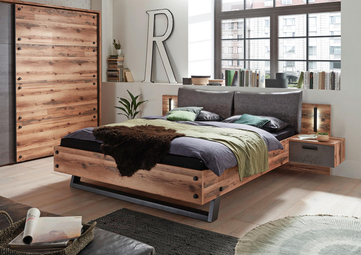 POSTEL S NOČNÍMI STOLKY, 180/200 cm, antracitová, barvy smrku - barvy smrku/antracitová, Design, kompozitní dřevo/textil (180/200cm) - Livetastic
