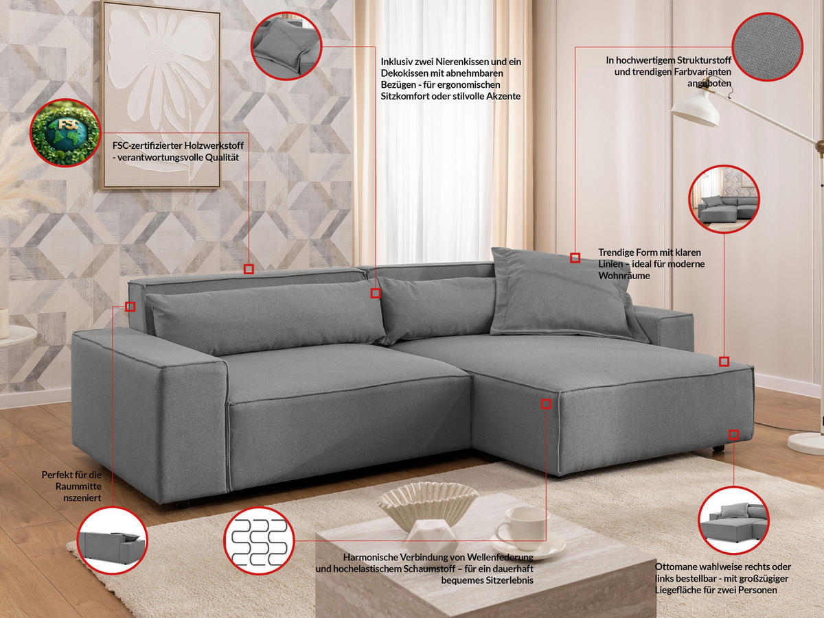 ECKSOFA Webstoff Hellgrau  - Hellgrau/Schwarz, Design, Kunststoff/Textil (251/142cm) - P & B