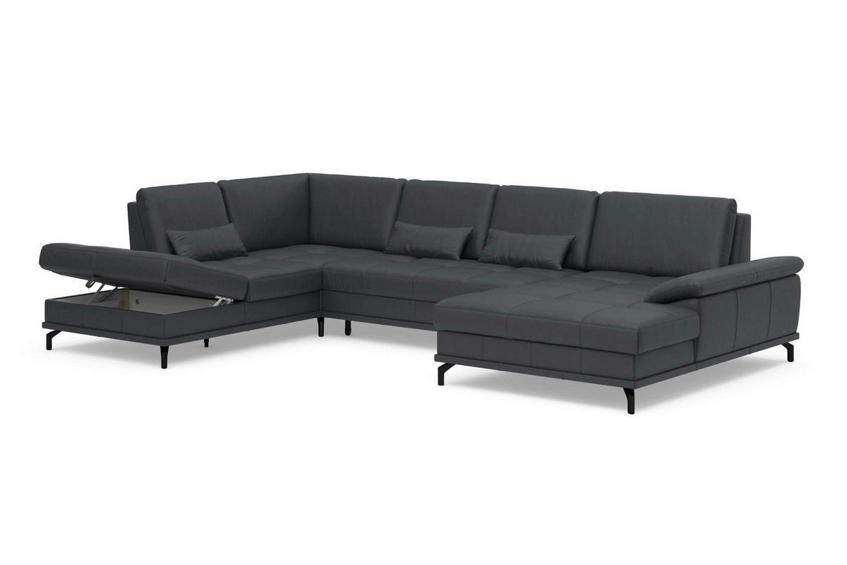 WOHNLANDSCHAFT COSTELLO E Schwarz Kombination Echtleder/Stoff Mikrofaser  - Schwarz, Basics, Leder/Textil (223/363/176cm) - Sit & More