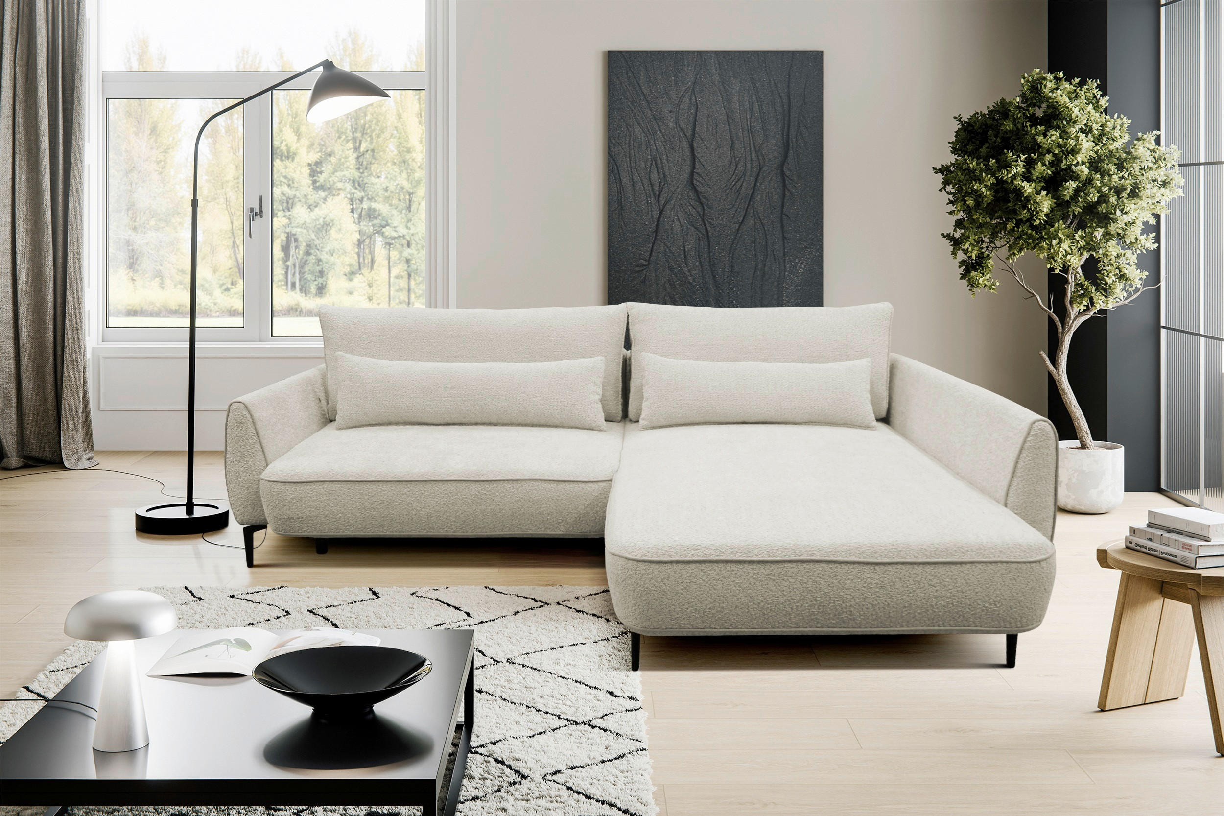 ECKSOFA ABRIAMO Creme Bouclé Bettkasten, Schlaffunktion  - Creme/Schwarz, Design, Textil/Metall (273/204cm) - MID.YOU