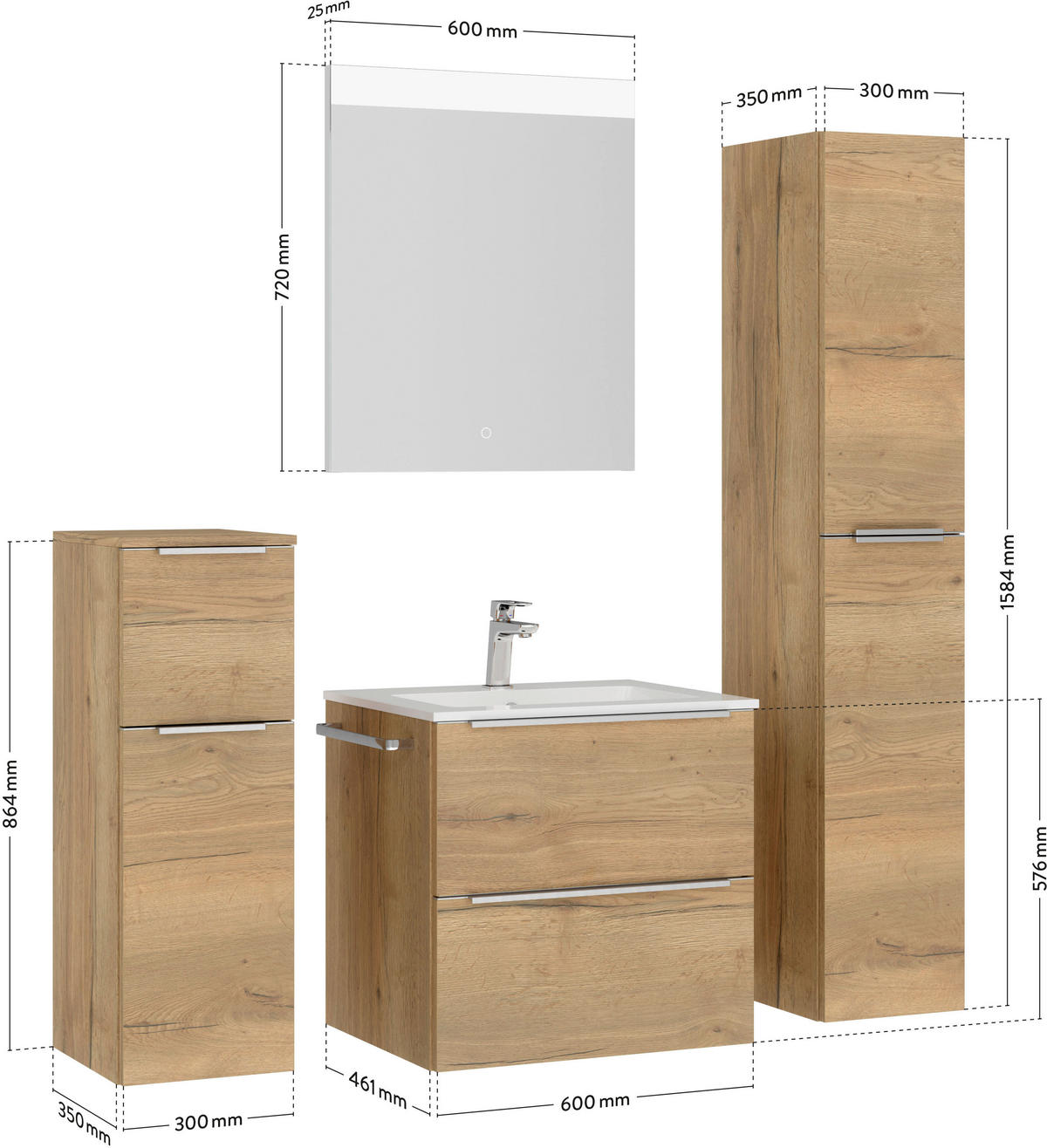 BADEZIMMER 5-teilig  in 121 cm  - Edelstahlfarben/Eichefarben, MODERN, Holzwerkstoff/Stein (121cm) - Nobilia