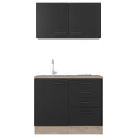 MINIKÜCHE 100 cm   in Schwarz, Eichefarben  - Eichefarben/Schwarz, MODERN, Holzwerkstoff/Metall (100cm) - FlexWell