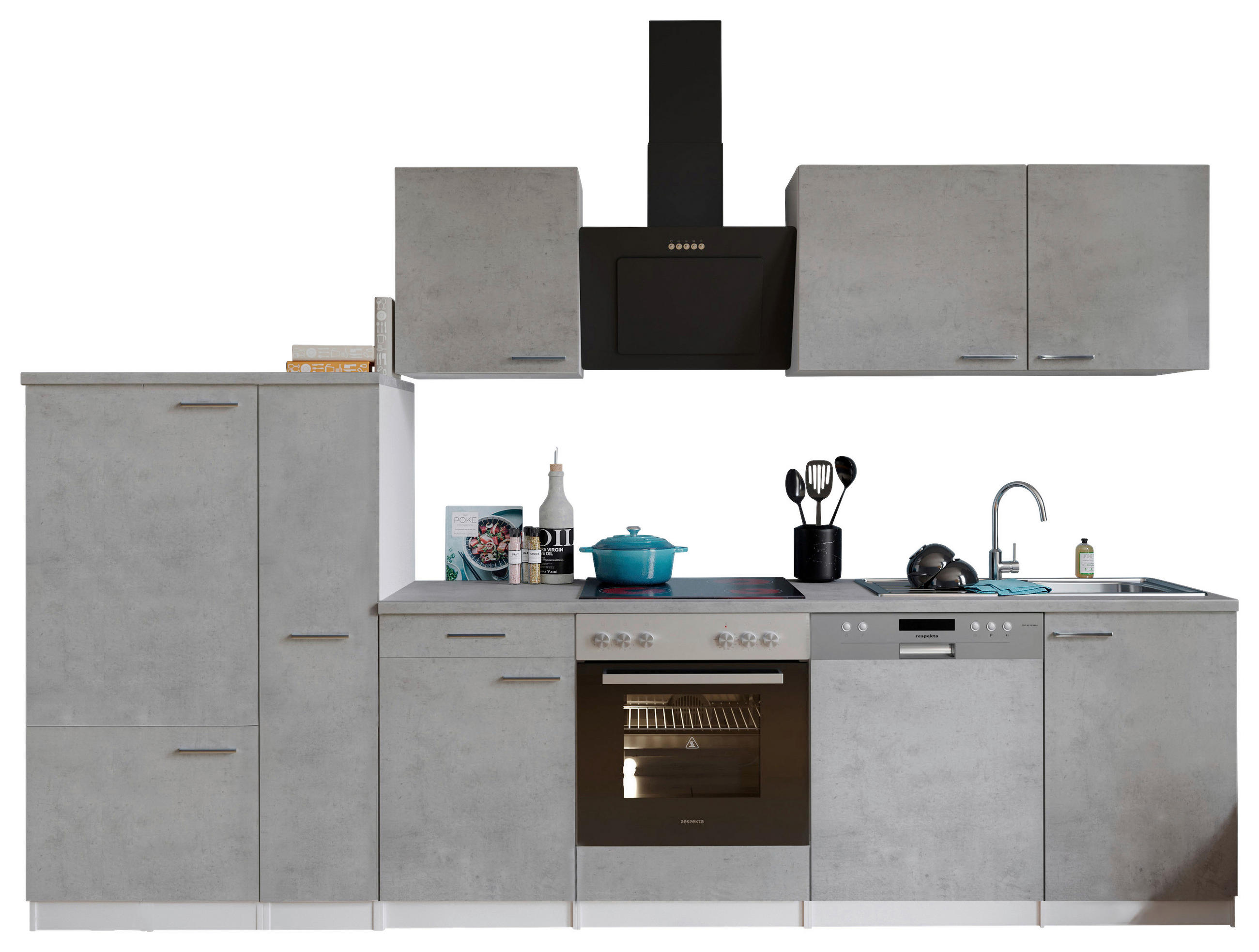 KÜCHENBLOCK 310 cm in Grau, Weiß - Edelstahlfarben/Weiß, Basics, Holzwerkstoff/Metall (310cm) - Respekta
