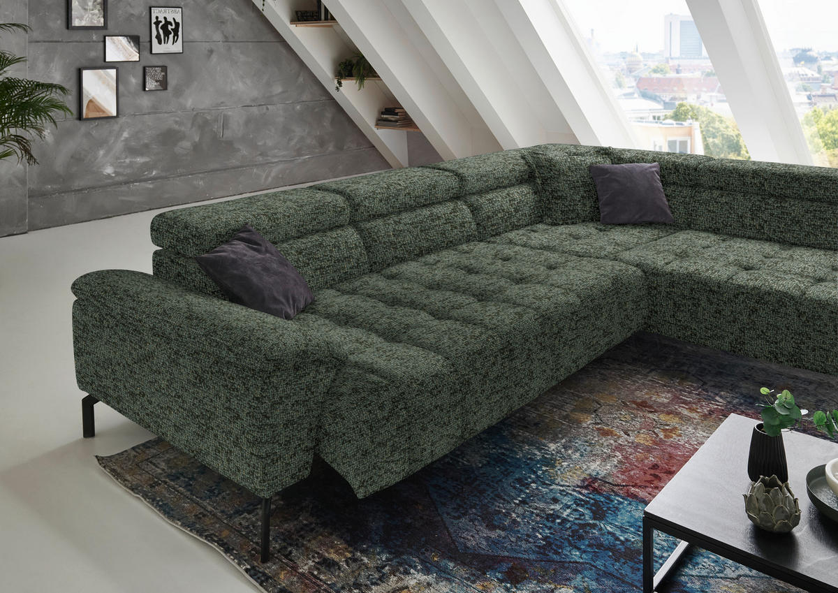 ECKSOFA in Chenille Grün  323/222 cm  - Schwarz/Grün, Design, Textil/Metall (323/222cm) - Beldomo Style