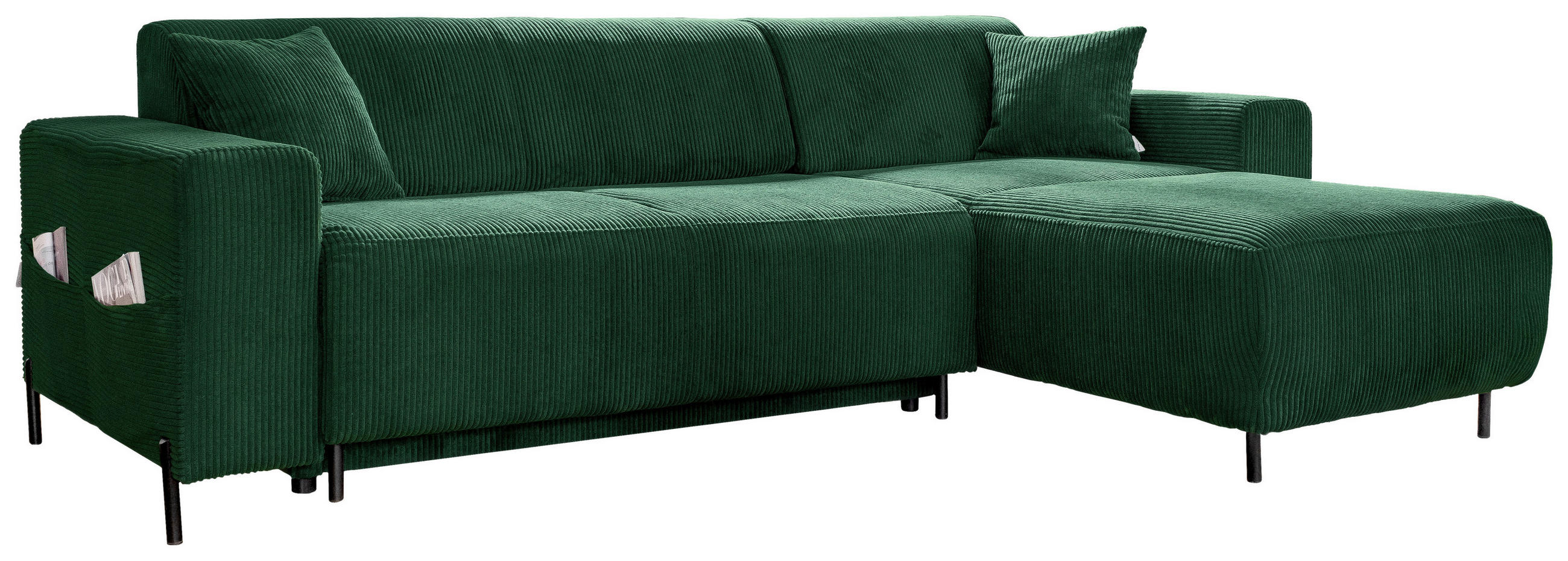ECKSOFA 260/165 cm  in Cord Dunkelgrün Zierkissen, Bettkasten  260/165 cm  - Dunkelgrün/Schwarz, Textil/Metall (260/165cm) - MID.YOU