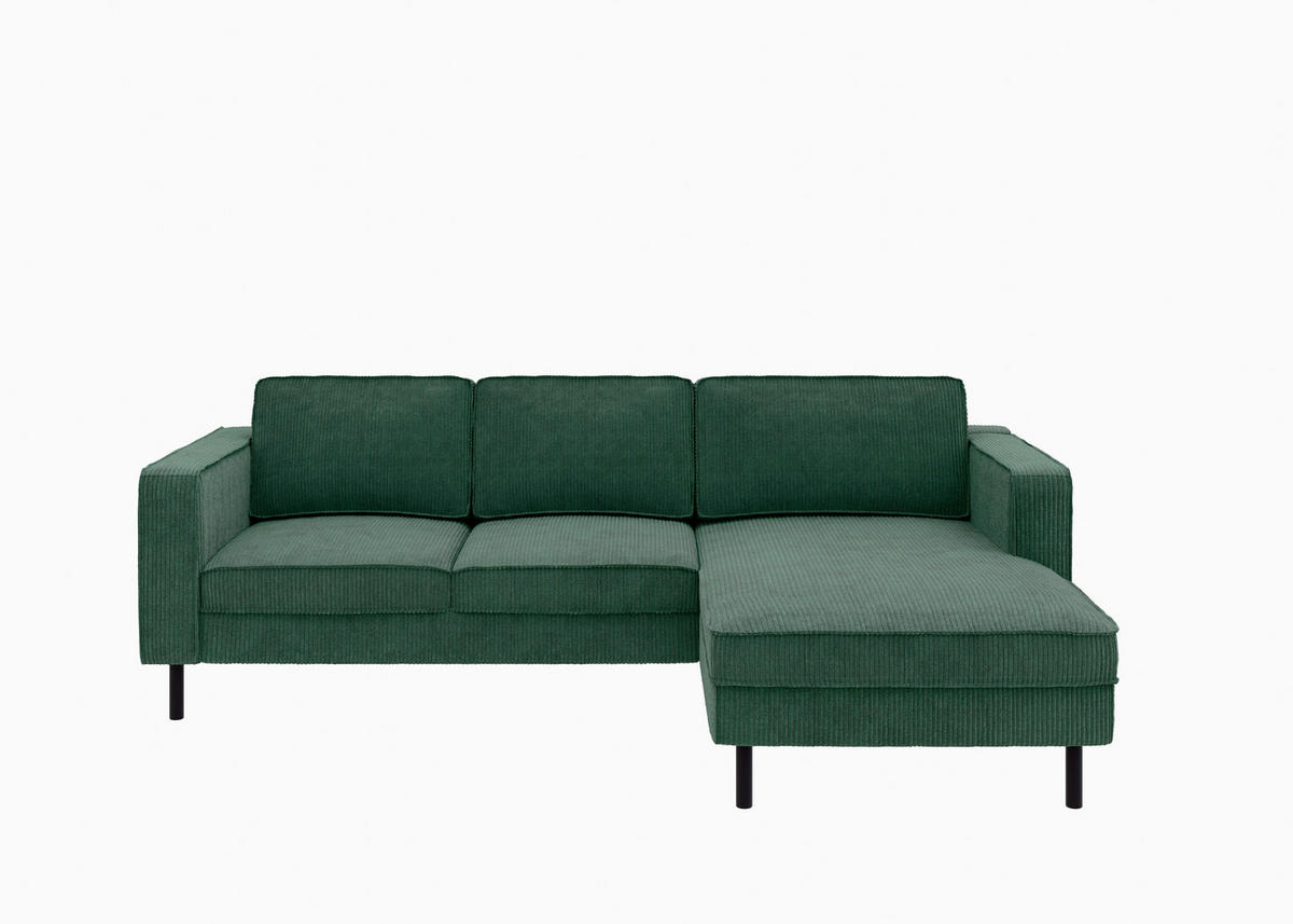 ECKSCHLAFSOFA WATKINS  mit Schlafen auf Sitzhöhe, Rücken echt, Armteil links, Armteil rechts Cord Dunkelgrün  - Dunkelgrün/Schwarz, MODERN, Textil/Metall (232/161cm) - Trendmanufaktur