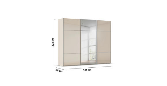 SCHWEBETÜRENSCHRANK 301/223/68 cm 3-türig Champagner - Champagner/Alufarben, KONVENTIONELL, Glas/Holzwerkstoff (301/223/68cm) - Novel