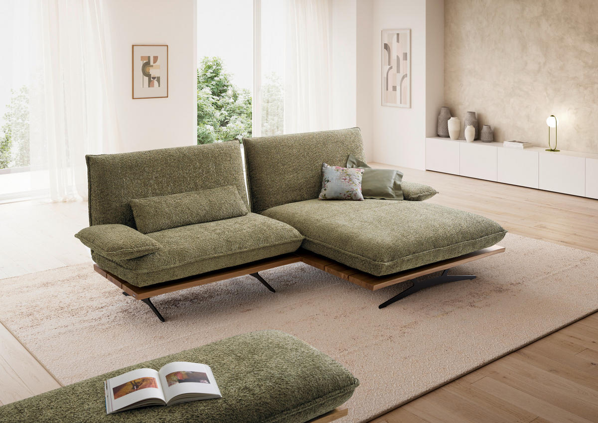 ECKSOFA Wildeiche, Graugrün Chenille, Flachgewebe Rücken echt, Armteilverstellung, Relaxfunktion, Drehsitzfunktion  - Wildeiche/Schwarz, Design, Holz/Textil (284/161cm) - Koinor