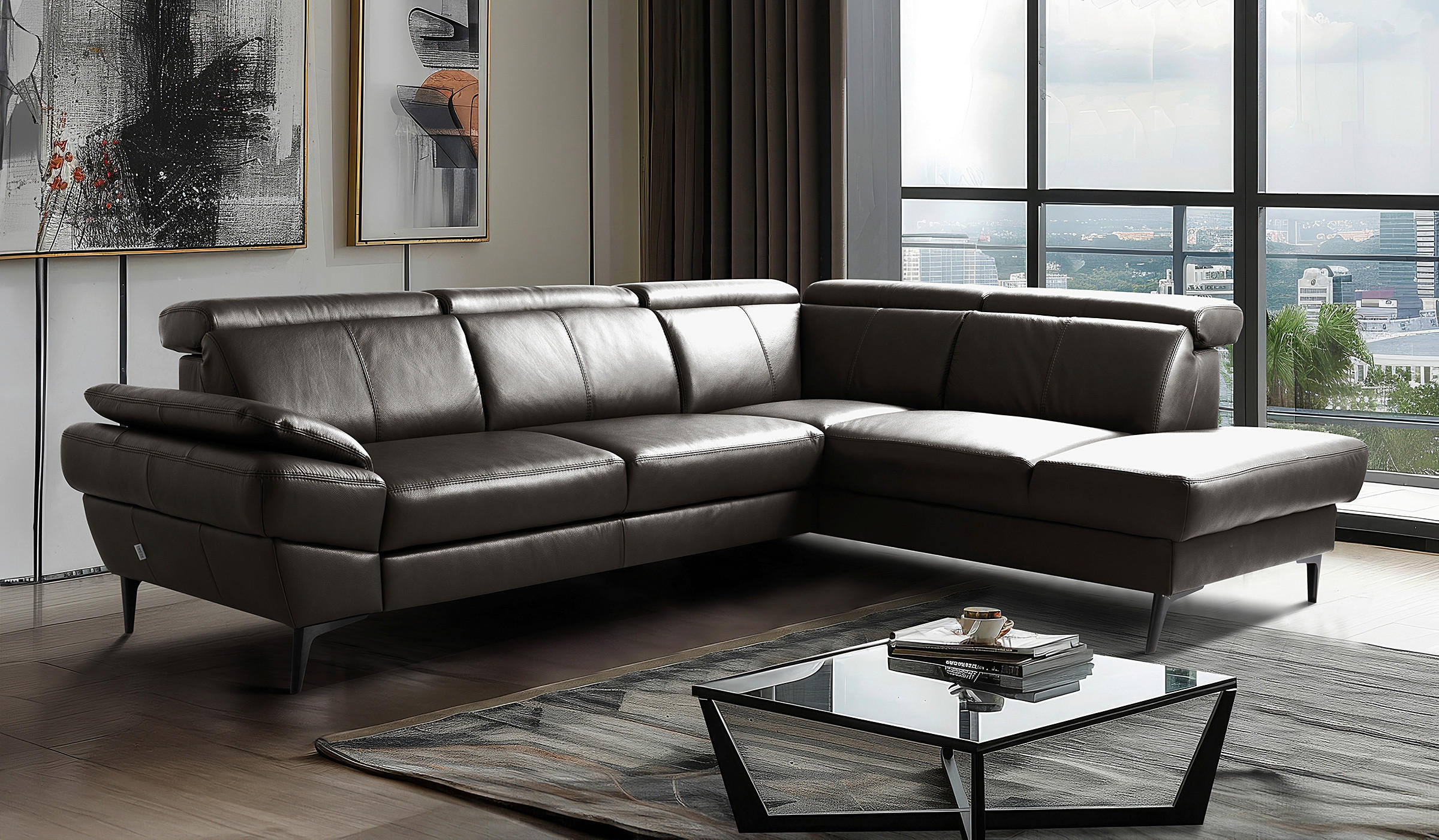 ECKSOFA Dunkelbraun Echtleder Lederlook Bettkasten, Schlaffunktion, Rücken echt, Armteilverstellung, Kopfteilverstellung  - Dunkelbraun/Schwarz, Design, Leder/Textil (264/211cm) - Livetastic