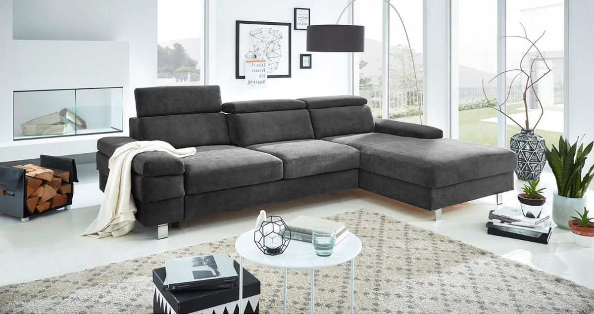 ECKSOFA Anthrazit Webstoff  - Anthrazit/Silberfarben, KONVENTIONELL, Textil/Metall (182/82/260cm) - Trendmanufaktur