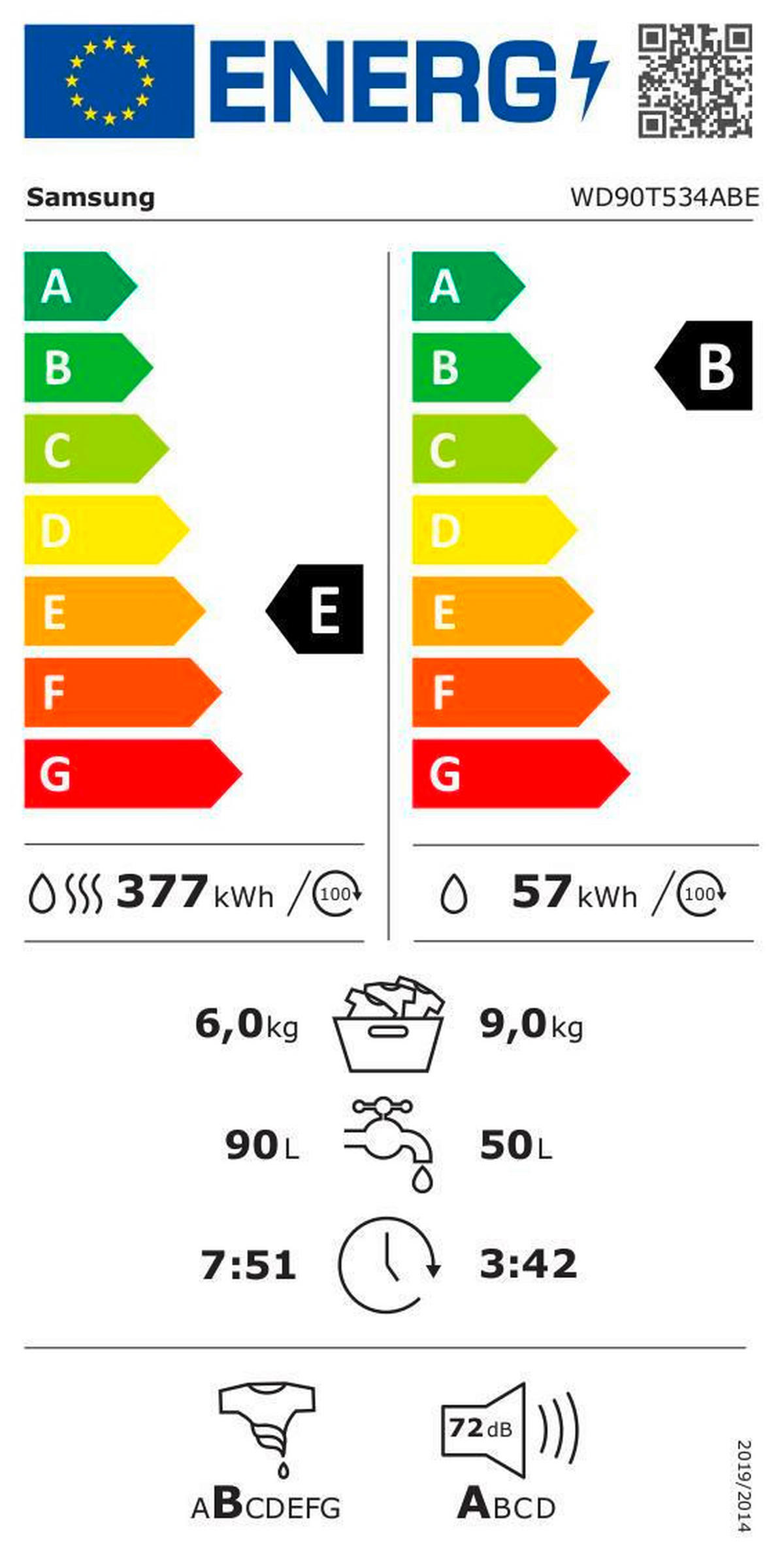 WASCHTROCKNER WD90T534ABE/S2  - Weiß, Basics, Glas/Kunststoff (60/85/65cm) - Samsung