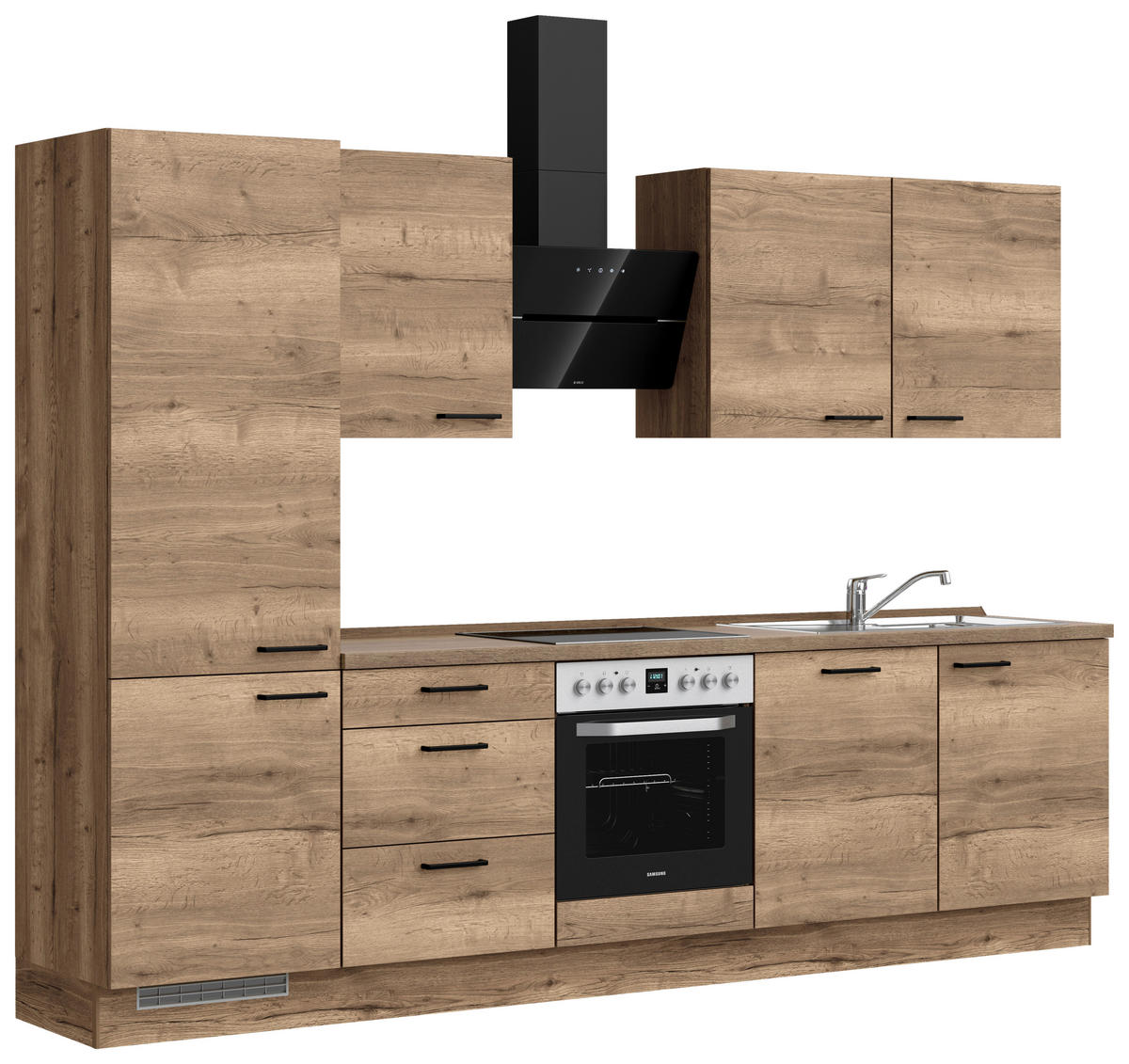 KÜCHENBLOCK 300 cm   in Eiche dunkel  - Eiche dunkel/Schwarz, MODERN, Holzwerkstoff/Metall (300cm) - Nobilia