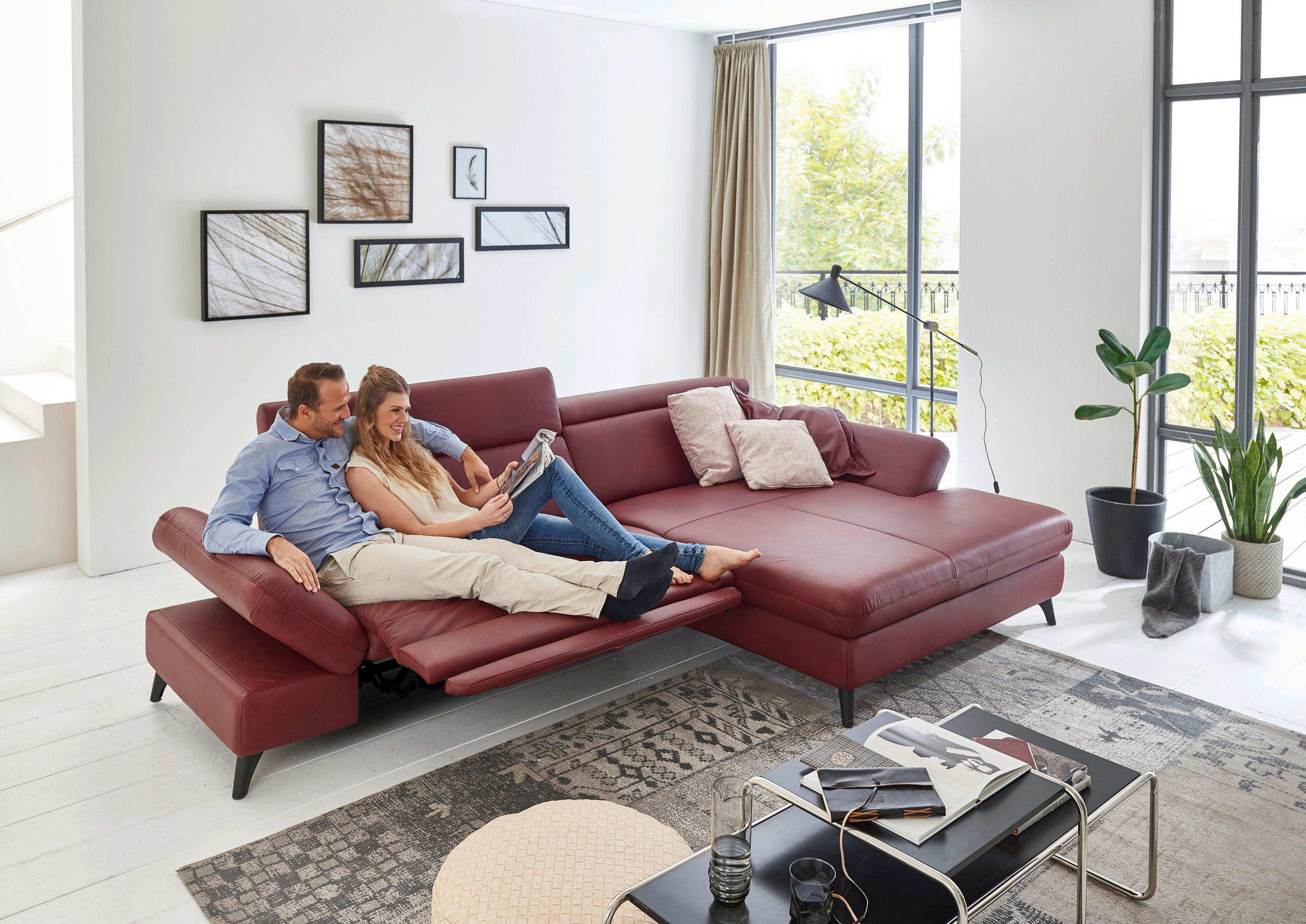 ECKSOFA in Echtleder Rot  - Rot/Alufarben, Design, Leder/Metall (285/184cm) - Cantus
