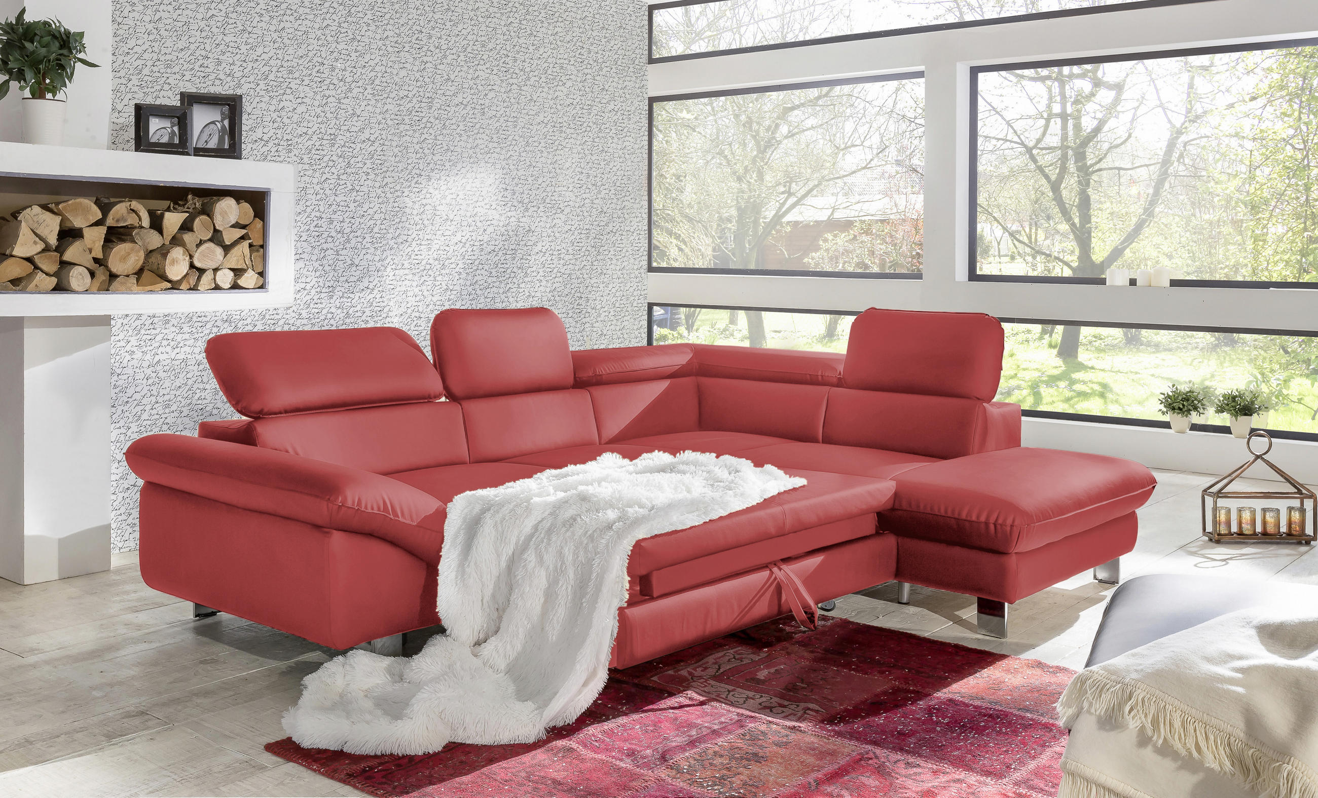 WOHNLANDSCHAFT in Lederlook Rot  - Chromfarben/Rot, MODERN, Textil/Metall (266/214cm) - MID.YOU