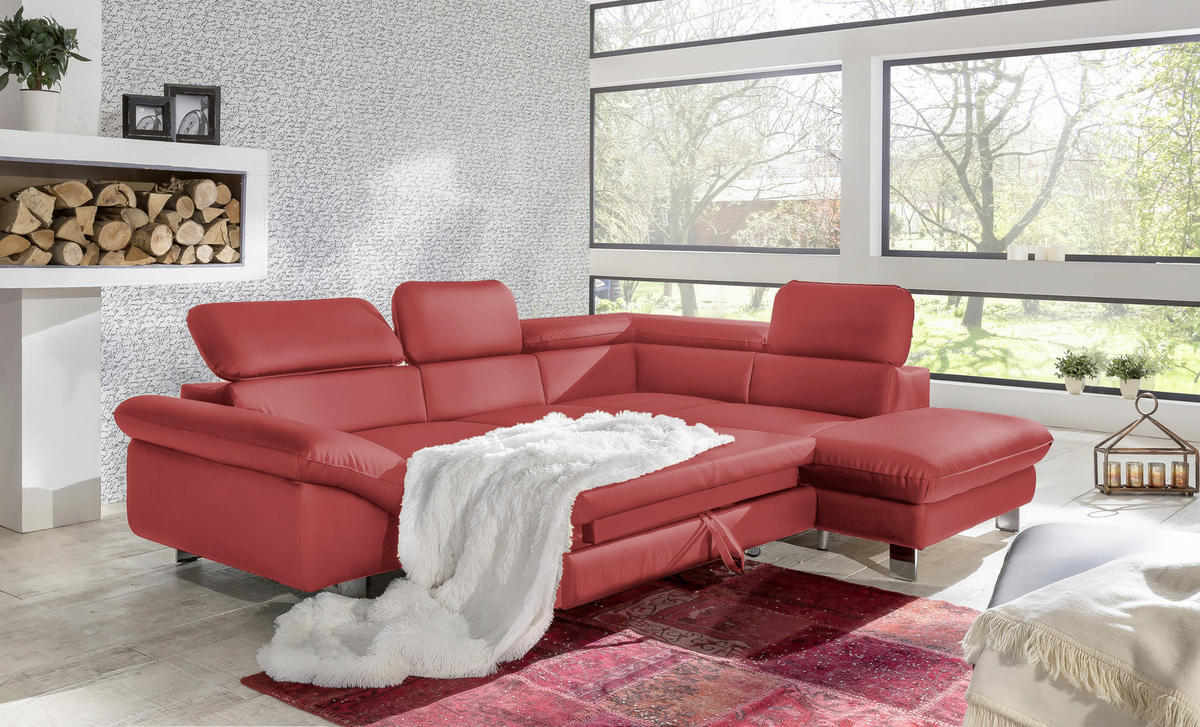 WOHNLANDSCHAFT in Lederlook Rot  - Chromfarben/Rot, MODERN, Textil/Metall (266/214cm) - MID.YOU