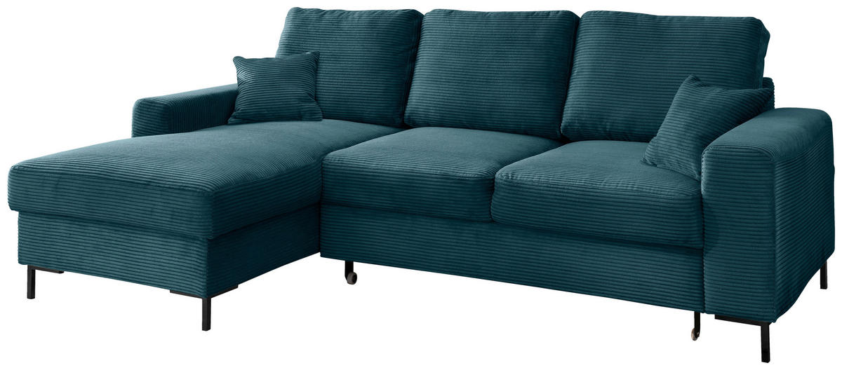 ECKSCHLAFSOFA  mit Rücken echt Cord Petrol  - Petrol/Schwarz, KONVENTIONELL, Textil/Metall (143/237cm) - Livetastic
