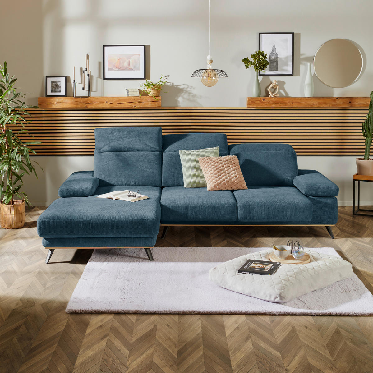 ECKSOFA ROYCE Blau Struktur  - Blau/Schwarz, MODERN, Textil/Metall (194/283cm) - MID.YOU