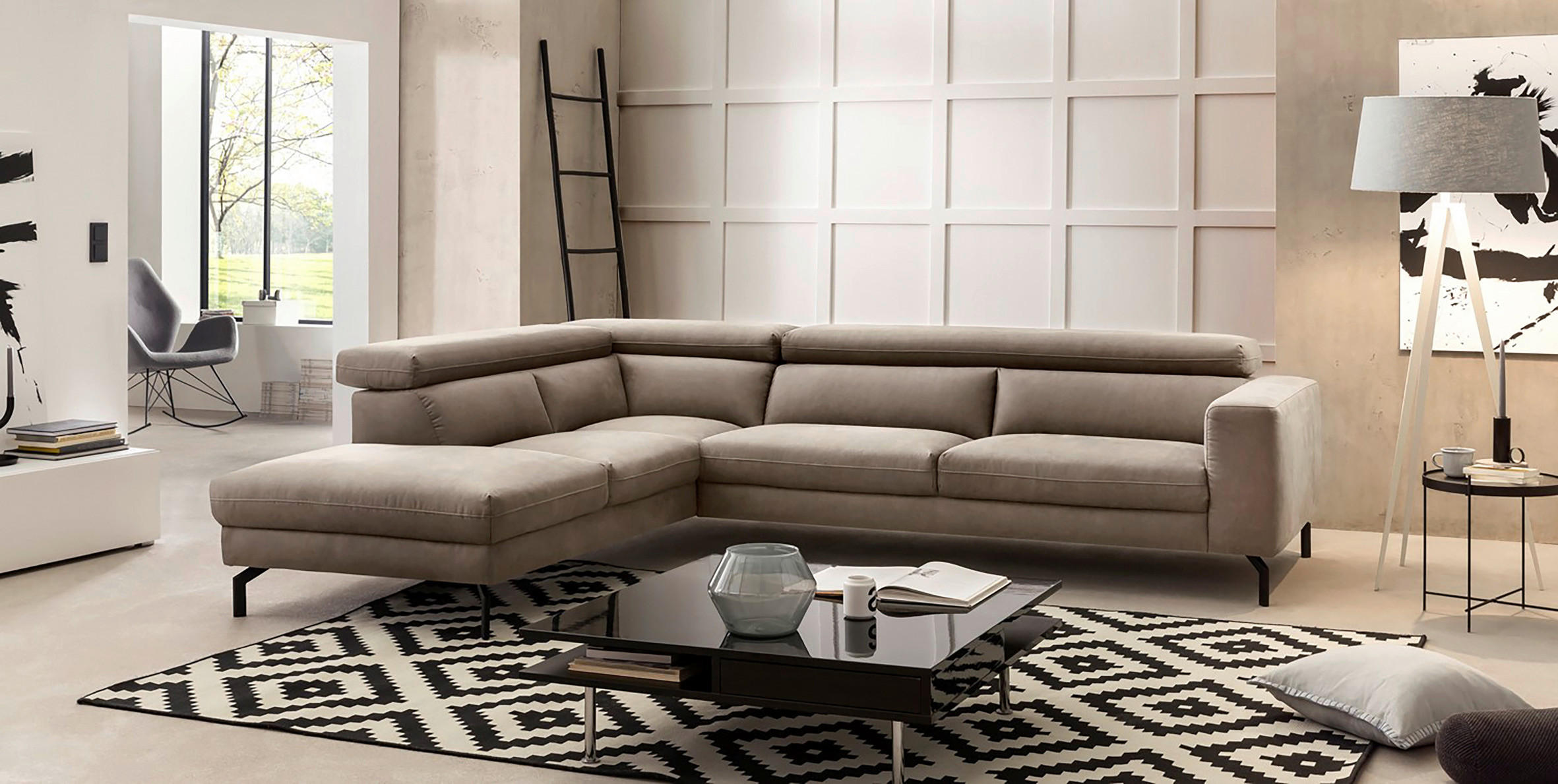 ECKSOFA Beige Mikrofaser  - Beige/Schwarz, MODERN, Textil/Metall (233/305cm) - MID.YOU